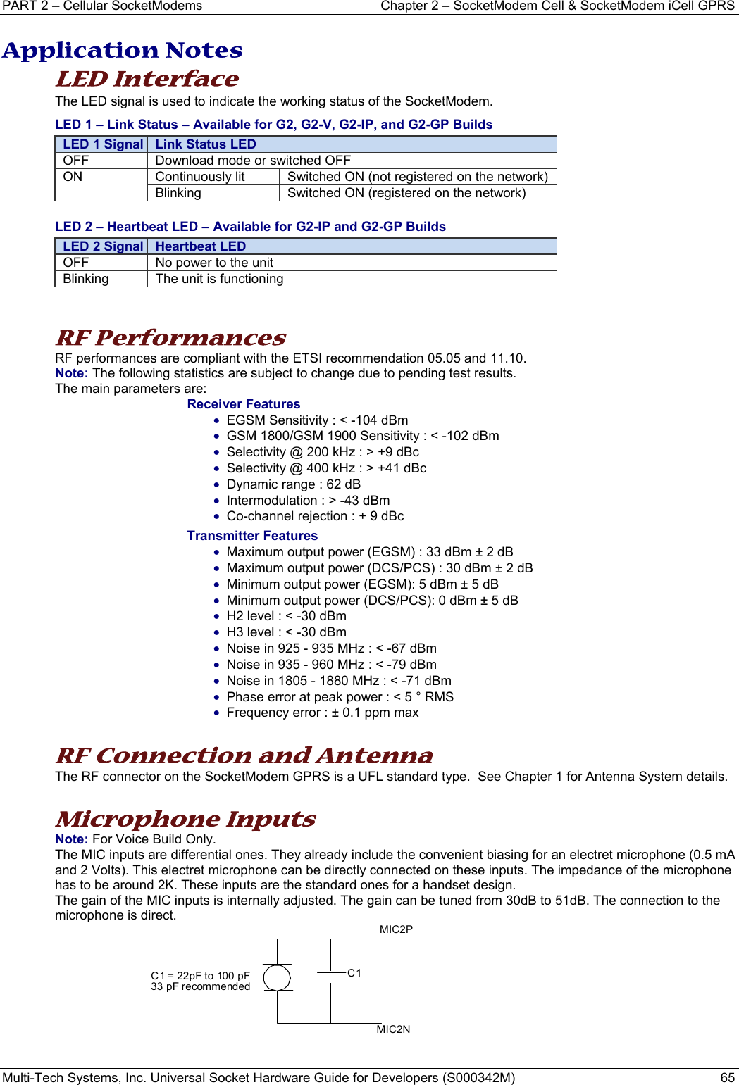 PART 2 – Cellular SocketModems   Chapter 2 – SocketModem Cell &amp; SocketModem iCell GPRS Multi-Tech Systems, Inc. Universal Socket Hardware Guide for Developers (S000342M)  65  Application Notes LED Interface The LED signal is used to indicate the working status of the SocketModem. LED 1 – Link Status – Available for G2, G2-V, G2-IP, and G2-GP Builds LED 1 Signal  Link Status LED OFF  Download mode or switched OFF ON  Continuously lit  Switched ON (not registered on the network) Blinking  Switched ON (registered on the network) LED 2 – Heartbeat LED – Available for G2-IP and G2-GP Builds LED 2 Signal  Heartbeat LED OFF  No power to the unit Blinking  The unit is functioning   RF Performances RF performances are compliant with the ETSI recommendation 05.05 and 11.10. Note: The following statistics are subject to change due to pending test results. The main parameters are: Receiver Features • EGSM Sensitivity : &lt; -104 dBm • GSM 1800/GSM 1900 Sensitivity : &lt; -102 dBm • Selectivity @ 200 kHz : &gt; +9 dBc • Selectivity @ 400 kHz : &gt; +41 dBc • Dynamic range : 62 dB • Intermodulation : &gt; -43 dBm • Co-channel rejection : + 9 dBc Transmitter Features • Maximum output power (EGSM) : 33 dBm ± 2 dB • Maximum output power (DCS/PCS) : 30 dBm ± 2 dB • Minimum output power (EGSM): 5 dBm ± 5 dB • Minimum output power (DCS/PCS): 0 dBm ± 5 dB • H2 level : &lt; -30 dBm • H3 level : &lt; -30 dBm • Noise in 925 - 935 MHz : &lt; -67 dBm • Noise in 935 - 960 MHz : &lt; -79 dBm • Noise in 1805 - 1880 MHz : &lt; -71 dBm • Phase error at peak power : &lt; 5 ° RMS • Frequency error : ± 0.1 ppm max  RF Connection and Antenna The RF connector on the SocketModem GPRS is a UFL standard type.  See Chapter 1 for Antenna System details.  Microphone Inputs  Note: For Voice Build Only.  The MIC inputs are differential ones. They already include the convenient biasing for an electret microphone (0.5 mA and 2 Volts). This electret microphone can be directly connected on these inputs. The impedance of the microphone has to be around 2K. These inputs are the standard ones for a handset design. The gain of the MIC inputs is internally adjusted. The gain can be tuned from 30dB to 51dB. The connection to the microphone is direct.        MIC2NMIC2PC1C1 = 22pF to 100 pF33 pF recommended