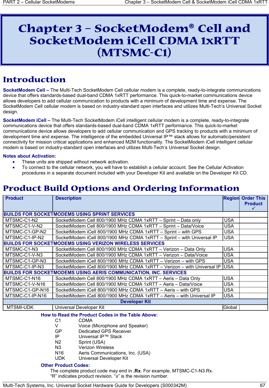 PART 2 – Cellular SocketModems  Chapter 3 – SocketModem Cell &amp; SocketModem iCell CDMA 1xRTT  Multi-Tech Systems, Inc. Universal Socket Hardware Guide for Developers (S000342M)  67  Chapter 3 – SocketModem® Cell and SocketModem iCell CDMA 1xRTT (MTSMC-C1)  Introduction SocketModem Cell – The Multi-Tech SocketModem Cell cellular modem is a complete, ready-to-integrate communications device that offers standards-based dual-band CDMA 1xRTT performance. This quick-to-market communications device allows developers to add cellular communication to products with a minimum of development time and expense. The SocketModem Cell cellular modem is based on industry-standard open interfaces and utilizes Multi-Tech’s Universal Socket design. SocketModem iCell – The Multi-Tech SocketModem iCell intelligent cellular modem is a complete, ready-to-integrate communications device that offers standards-based dual-band CDMA 1xRTT performance. This quick-to-market communications device allows developers to add cellular communication and GPS tracking to products with a minimum of development time and expense. The intelligence of the embedded Universal IP™ stack allows for automatic/persistent connectivity for mission critical applications and enhanced M2M functionality. The SocketModem iCell intelligent cellular modem is based on industry-standard open interfaces and utilizes Multi-Tech’s Universal Socket design. Notes about Activation:  • These units are shipped without network activation.  • To connect to the cellular network, you will have to establish a cellular account. See the Cellular Activation procedures in a separate document included with your Developer Kit and available on the Developer Kit CD.  Product Build Options and Ordering Information Product  Description  Region Order This Product 3BUILDS FOR SOCKETMODEMS USING SPRINT SERVICES  MTSMC-C1-N2  SocketModem Cell 800/1900 MHz CDMA 1xRTT – Sprint – Data only   USA MTSMC-C1-V-N2  SocketModem Cell 800/1900 MHz CDMA 1xRTT – Sprint – Data/Voice  USA MTSMC-C1-GP-N2  SocketModem iCell 800/1900 MHz CDMA 1xRTT – Sprint – with GPS  USA MTSMC-C1-IP-N2  SocketModem iCell 800/1900 MHz CDMA 1xRTT – Sprint – with Universal IP  USA BUILDS FOR SOCKETMODEMS USING VERIZON WIRELESS SERVICESMTSMC-C1-N3  SocketModem Cell 800/1900 MHz CDMA 1xRTT – Verizon – Data Only   USA MTSMC-C1-V-N3  SocketModem Cell 800/1900 MHz CDMA 1xRTT – Verizon – Data/Voice  USA MTSMC-C1-GP-N3  SocketModem iCell 800/1900 MHz CDMA 1xRTT – Verizon – with GPS  USA MTSMC-C1-IP-N3  SocketModem iCell 800/1900 MHz CDMA 1xRTT – Verizon – with Universal IP  USA BUILDS FOR SOCKETMODEMS USING AERIS COMMUNICATION, INC. SERVICESMTSMC-C1-N16  SocketModem Cell 800/1900 MHz CDMA 1xRTT – Aeris – Data Only  USA MTSMC-C1-V-N16  SocketModem Cell 800/1900 MHz CDMA 1xRTT – Aeris – Data/Voice  USA MTSMC-C1-GP-N16  SocketModem iCell 800/1900 MHz CDMA 1xRTT – Aeris – with GPS  USA MTSMC-C1-IP-N16  SocketModem iCell 800/1900 MHz CDMA 1xRTT – Aeris – with Universal IP  USA Developer Kit MTSMI-UDK  Universal Developer Kit  GlobalHow to Read the Product Codes in the Table Above: C1 CDMA V  Voice (Microphone and Speaker) GP  Dedicated GPS Receiver IP  Universal IP™ Stack   N2  Sprint (USA)  N3  Verizon Wireless  N16 Aeris Communications, Inc. (USA) UDK  Universal Developer Kit Other Product Codes: The complete product code may end in .Rx. For example, MTSMC-C1-N3.Rx.   “R” indicates product revision. “x” is the revision number.   