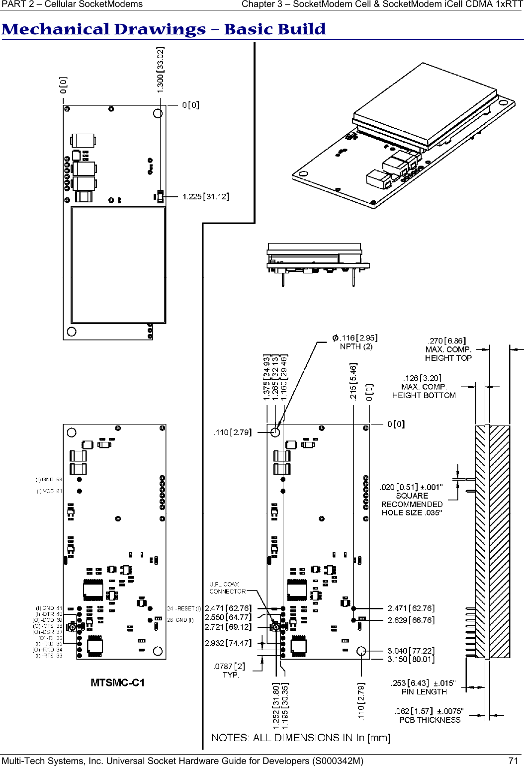 PART 2 – Cellular SocketModems  Chapter 3 – SocketModem Cell &amp; SocketModem iCell CDMA 1xRTT  Multi-Tech Systems, Inc. Universal Socket Hardware Guide for Developers (S000342M)  71  Mechanical Drawings – Basic Build   