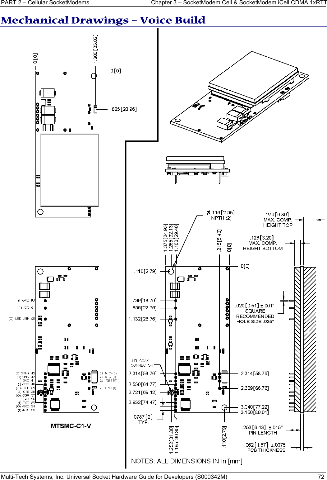 PART 2 – Cellular SocketModems  Chapter 3 – SocketModem Cell &amp; SocketModem iCell CDMA 1xRTT  Multi-Tech Systems, Inc. Universal Socket Hardware Guide for Developers (S000342M)  72  Mechanical Drawings – Voice Build   