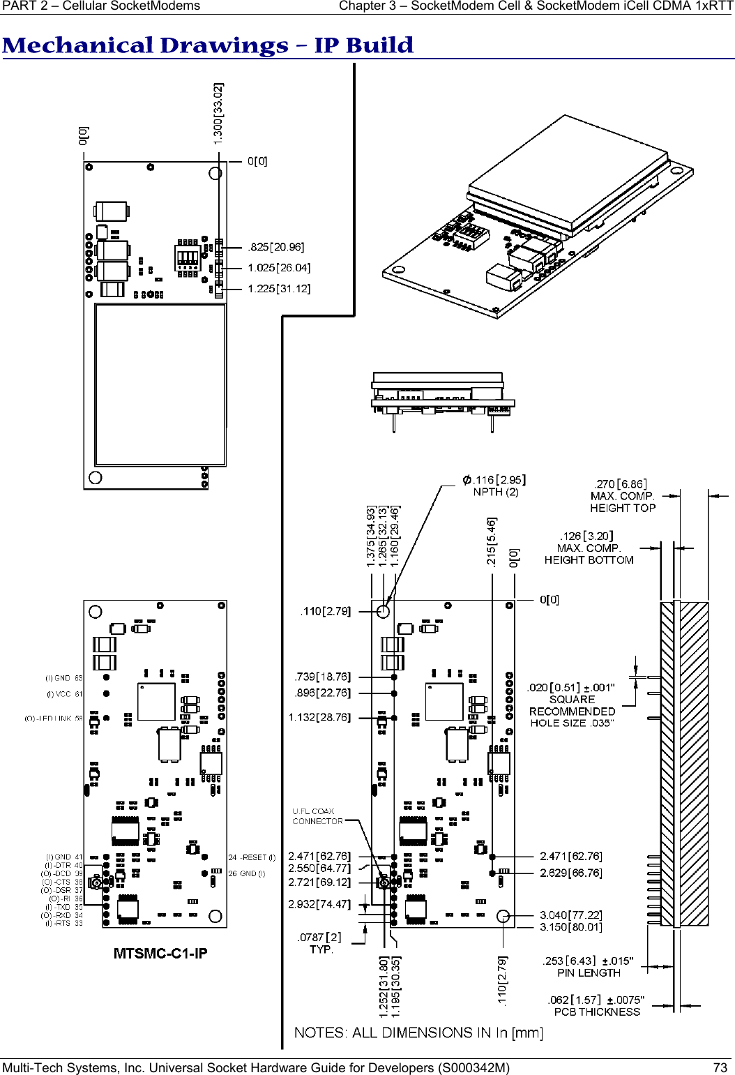 PART 2 – Cellular SocketModems  Chapter 3 – SocketModem Cell &amp; SocketModem iCell CDMA 1xRTT  Multi-Tech Systems, Inc. Universal Socket Hardware Guide for Developers (S000342M)  73  Mechanical Drawings – IP Build  