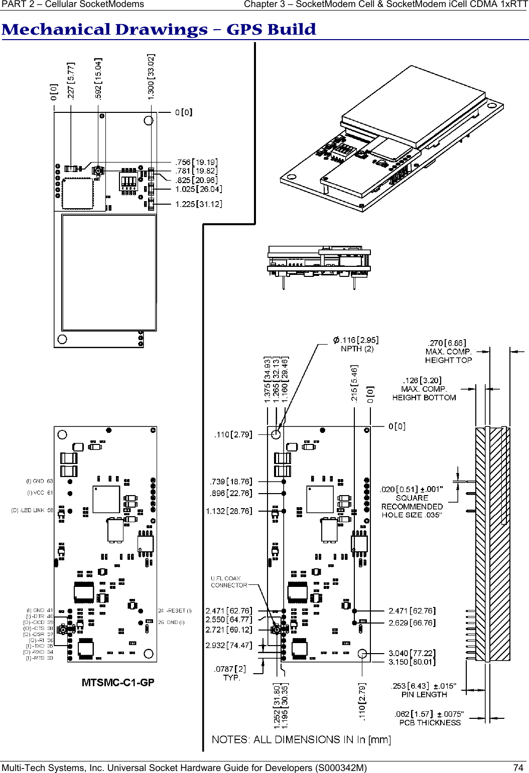 PART 2 – Cellular SocketModems  Chapter 3 – SocketModem Cell &amp; SocketModem iCell CDMA 1xRTT  Multi-Tech Systems, Inc. Universal Socket Hardware Guide for Developers (S000342M)  74  Mechanical Drawings – GPS Build  