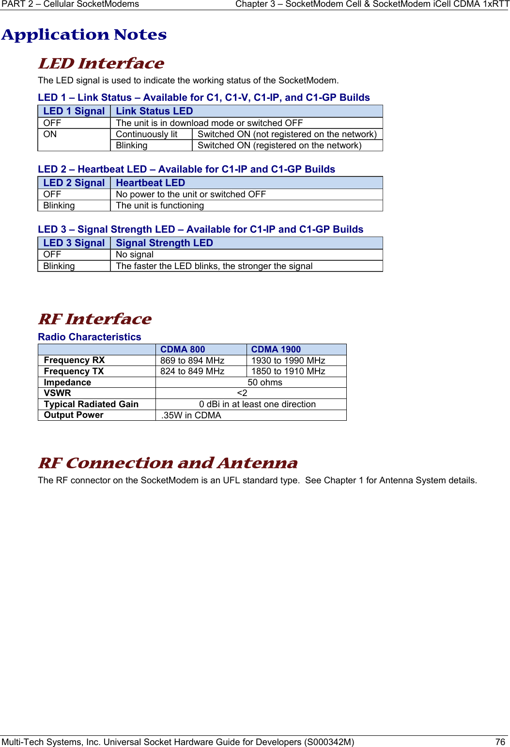 PART 2 – Cellular SocketModems  Chapter 3 – SocketModem Cell &amp; SocketModem iCell CDMA 1xRTT  Multi-Tech Systems, Inc. Universal Socket Hardware Guide for Developers (S000342M)  76  Application Notes LED Interface The LED signal is used to indicate the working status of the SocketModem.  LED 1 – Link Status – Available for C1, C1-V, C1-IP, and C1-GP Builds LED 1 Signal  Link Status LED OFF  The unit is in download mode or switched OFF ON  Continuously lit  Switched ON (not registered on the network) Blinking  Switched ON (registered on the network) LED 2 – Heartbeat LED – Available for C1-IP and C1-GP Builds LED 2 Signal  Heartbeat LED OFF  No power to the unit or switched OFF Blinking  The unit is functioning LED 3 – Signal Strength LED – Available for C1-IP and C1-GP Builds LED 3 Signal  Signal Strength LED OFF No signal  Blinking  The faster the LED blinks, the stronger the signal    RF Interface Radio Characteristics  CDMA 800 CDMA 1900Frequency RX  869 to 894 MHz  1930 to 1990 MHz Frequency TX  824 to 849 MHz  1850 to 1910 MHz Impedance                             50 ohms VSWR                                &lt;2 Typical Radiated Gain                 0 dBi in at least one direction Output Power .35W in CDMA    RF Connection and Antenna The RF connector on the SocketModem is an UFL standard type.  See Chapter 1 for Antenna System details.    