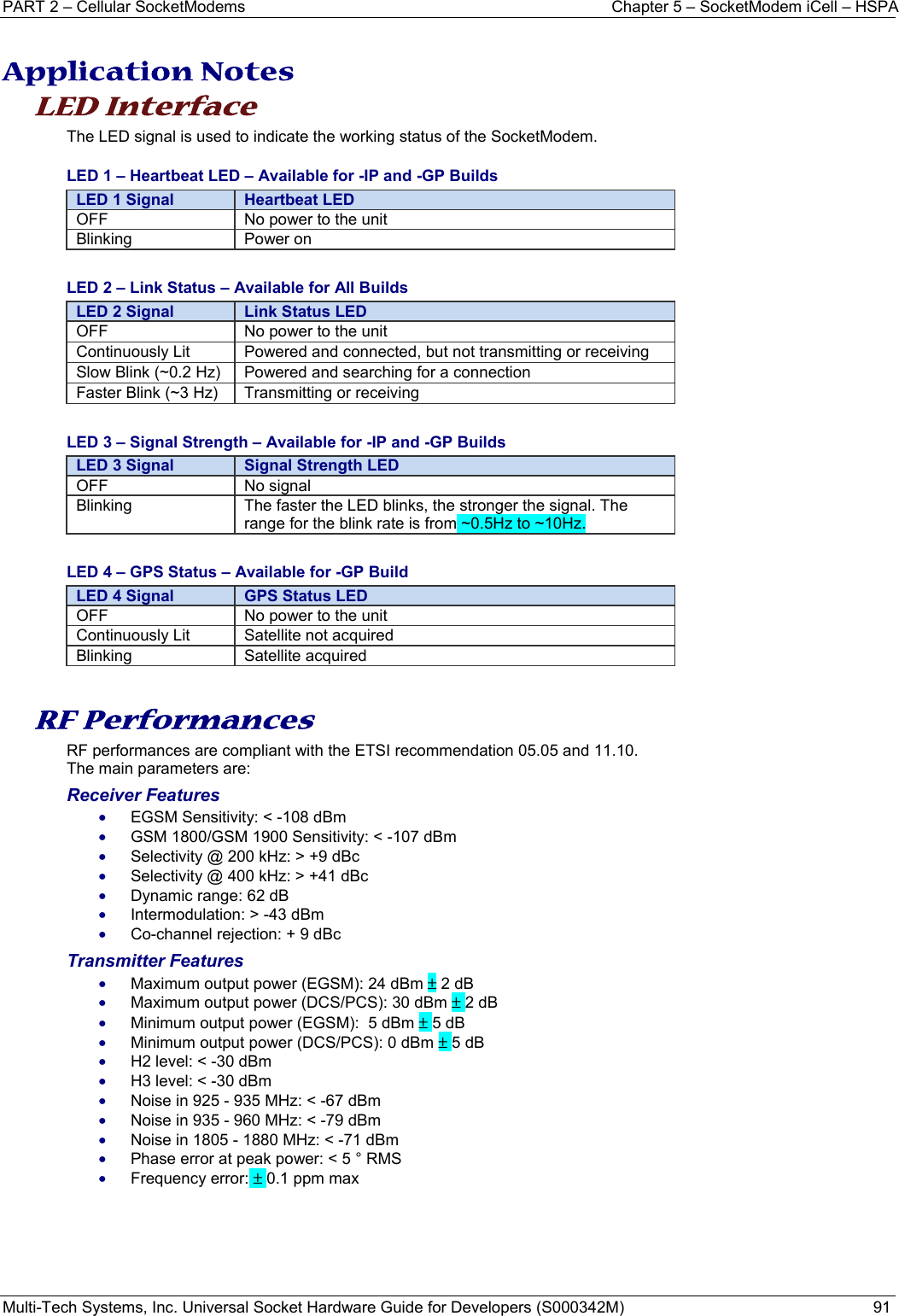 PART 2 – Cellular SocketModems  Chapter 5 – SocketModem iCell – HSPA Multi-Tech Systems, Inc. Universal Socket Hardware Guide for Developers (S000342M)  91  Application Notes LED Interface The LED signal is used to indicate the working status of the SocketModem.  LED 1 – Heartbeat LED – Available for -IP and -GP Builds               LED 1 Signal  Heartbeat LEDOFF  No power to the unit Blinking Power on  LED 2 – Link Status – Available for All Builds            LED 2 Signal  Link Status LEDOFF  No power to the unit Continuously Lit  Powered and connected, but not transmitting or receiving Slow Blink (~0.2 Hz)  Powered and searching for a connection Faster Blink (~3 Hz)  Transmitting or receiving  LED 3 – Signal Strength – Available for -IP and -GP Builds                      LED 3 Signal  Signal Strength LEDOFF No signal  Blinking  The faster the LED blinks, the stronger the signal. The range for the blink rate is from ~0.5Hz to ~10Hz.  LED 4 – GPS Status – Available for -GP Build                                      LED 4 Signal  GPS Status LEDOFF  No power to the unit Continuously Lit  Satellite not acquired Blinking Satellite acquired  RF Performances   RF performances are compliant with the ETSI recommendation 05.05 and 11.10. The main parameters are: Receiver Features • EGSM Sensitivity: &lt; -108 dBm • GSM 1800/GSM 1900 Sensitivity: &lt; -107 dBm • Selectivity @ 200 kHz: &gt; +9 dBc • Selectivity @ 400 kHz: &gt; +41 dBc • Dynamic range: 62 dB • Intermodulation: &gt; -43 dBm • Co-channel rejection: + 9 dBc Transmitter Features • Maximum output power (EGSM): 24 dBm ± 2 dB • Maximum output power (DCS/PCS): 30 dBm ± 2 dB • Minimum output power (EGSM):  5 dBm ± 5 dB • Minimum output power (DCS/PCS): 0 dBm ± 5 dB • H2 level: &lt; -30 dBm • H3 level: &lt; -30 dBm • Noise in 925 - 935 MHz: &lt; -67 dBm • Noise in 935 - 960 MHz: &lt; -79 dBm • Noise in 1805 - 1880 MHz: &lt; -71 dBm • Phase error at peak power: &lt; 5 ° RMS • Frequency error: ± 0.1 ppm max   