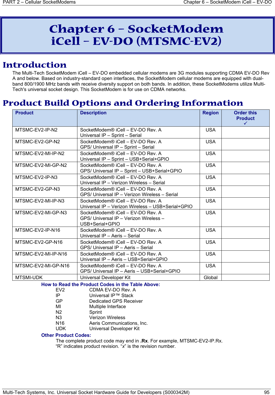 PART 2 – Cellular SocketModems  Chapter 6 – SocketModem iCell – EV-DO Multi-Tech Systems, Inc. Universal Socket Hardware Guide for Developers (S000342M)  95   Chapter 6 – SocketModem  iCell – EV-DO (MTSMC-EV2) Introduction The Multi-Tech SocketModem iCell – EV-DO embedded cellular modems are 3G modules supporting CDMA EV-DO Rev A and below. Based on industry-standard open interfaces, the SocketModem cellular modems are equipped with dual-band 800/1900 MHz bands with receive diversity support on both bands. In addition, these SocketModems utilize Multi-Tech&apos;s universal socket design. This SocketModem is for use on CDMA networks.  Product Build Options and Ordering Information Product  Description  Region  Order this Product 3MTSMC-EV2-IP-N2  SocketModem® iCell – EV-DO Rev. A Universal IP – Sprint – Serial  USA   MTSMC-EV2-GP-N2  SocketModem® iCell – EV-DO Rev. A GPS/ Universal IP – Sprint – Serial USA   MTSMC-EV2-MI-IP-N2  SocketModem® iCell – EV-DO Rev. A Universal IP – Sprint – USB+Serial+GPIO USA   MTSMC-EV2-MI-GP-N2  SocketModem® iCell – EV-DO Rev. A GPS/ Universal IP – Sprint – USB+Serial+GPIO USA   MTSMC-EV2-IP-N3  SocketModem® iCell – EV-DO Rev. A Universal IP – Verizon Wireless – Serial USA   MTSMC-EV2-GP-N3  SocketModem® iCell – EV-DO Rev. A GPS/ Universal IP – Verizon Wireless – Serial USA   MTSMC-EV2-MI-IP-N3  SocketModem® iCell – EV-DO Rev. A Universal IP – Verizon Wireless – USB+Serial+GPIO USA   MTSMC-EV2-MI-GP-N3  SocketModem® iCell – EV-DO Rev. A GPS/ Universal IP – Verizon Wireless – USB+Serial+GPIO USA   MTSMC-EV2-IP-N16  SocketModem® iCell – EV-DO Rev. A Universal IP – Aeris – Serial USA   MTSMC-EV2-GP-N16  SocketModem® iCell – EV-DO Rev. A GPS/ Universal IP – Aeris – Serial USA   MTSMC-EV2-MI-IP-N16  SocketModem® iCell – EV-DO Rev. A Universal IP – Aeris – USB+Serial+GPIO USA   MTSMC-EV2-MI-GP-N16  SocketModem® iCell – EV-DO Rev. A GPS/ Universal IP – Aeris – USB+Serial+GPIO USA   MTSMI-UDK  Universal Developer Kit  Global   How to Read the Product Codes in the Table Above: EV2  CDMA EV-DO Rev. A IP  Universal IP™ Stack GP  Dedicated GPS Receiver MI Multiple Interface N2 Sprint N3 Verizon Wireless N16 Aeris Communications, Inc. UDK  Universal Developer Kit Other Product Codes: The complete product code may end in .Rx. For example, MTSMC-EV2-IP.Rx.  “R” indicates product revision. “x” is the revision number.   