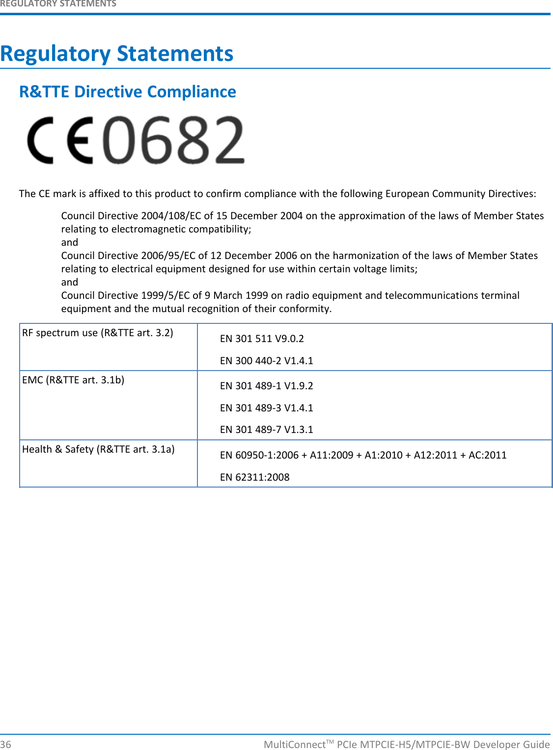 REGULATORY STATEMENTSRegulatory StatementsR&amp;TTE Directive ComplianceThe CE mark is affixed to this product to confirm compliance with the following European Community Directives:Council Directive 2004/108/EC of 15 December 2004 on the approximation of the laws of Member Statesrelating to electromagnetic compatibility;andCouncil Directive 2006/95/EC of 12 December 2006 on the harmonization of the laws of Member Statesrelating to electrical equipment designed for use within certain voltage limits;andCouncil Directive 1999/5/EC of 9 March 1999 on radio equipment and telecommunications terminalequipment and the mutual recognition of their conformity.RF spectrum use (R&amp;TTE art. 3.2) EN 301 511 V9.0.2EN 300 440-2 V1.4.1EMC (R&amp;TTE art. 3.1b) EN 301 489-1 V1.9.2EN 301 489-3 V1.4.1EN 301 489-7 V1.3.1Health &amp; Safety (R&amp;TTE art. 3.1a) EN 60950-1:2006 + A11:2009 + A1:2010 + A12:2011 + AC:2011EN 62311:200836 MultiConnectTM PCIe MTPCIE-H5/MTPCIE-BW Developer Guide