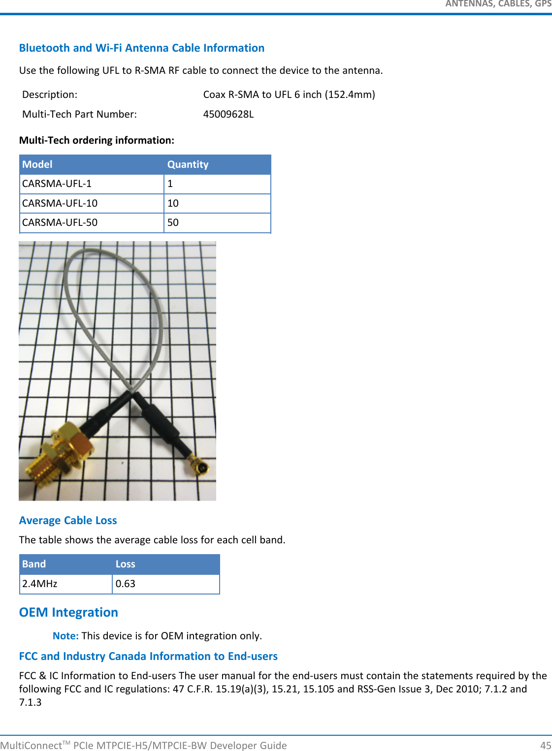 ANTENNAS, CABLES, GPSBluetooth and Wi-Fi Antenna Cable InformationUse the following UFL to R-SMA RF cable to connect the device to the antenna.Description: Coax R-SMA to UFL 6 inch (152.4mm)Multi-Tech Part Number: 45009628LMulti-Tech ordering information:Model QuantityCARSMA-UFL-1 1CARSMA-UFL-10 10CARSMA-UFL-50 50Average Cable LossThe table shows the average cable loss for each cell band.Band Loss2.4MHz 0.63OEM IntegrationNote: This device is for OEM integration only.FCC and Industry Canada Information to End-usersFCC &amp; IC Information to End-users The user manual for the end-users must contain the statements required by thefollowing FCC and IC regulations: 47 C.F.R. 15.19(a)(3), 15.21, 15.105 and RSS-Gen Issue 3, Dec 2010; 7.1.2 and7.1.3MultiConnectTM PCIe MTPCIE-H5/MTPCIE-BW Developer Guide 45