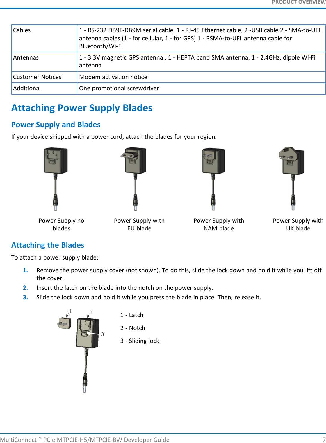 PRODUCT OVERVIEWCables 1 - RS-232 DB9F-DB9M serial cable, 1 - RJ-45 Ethernet cable, 2 -USB cable 2 - SMA-to-UFLantenna cables (1 - for cellular, 1 - for GPS) 1 - RSMA-to-UFL antenna cable forBluetooth/Wi-FiAntennas 1 - 3.3V magnetic GPS antenna , 1 - HEPTA band SMA antenna, 1 - 2.4GHz, dipole Wi-FiantennaCustomer Notices Modem activation noticeAdditional One promotional screwdriverAttaching Power Supply BladesPower Supply and BladesIf your device shipped with a power cord, attach the blades for your region.Power Supply no Power Supply with Power Supply with Power Supply withblades EU blade NAM blade UK bladeAttaching the BladesTo attach a power supply blade:1. Remove the power supply cover (not shown). To do this, slide the lock down and hold it while you lift offthe cover.2. Insert the latch on the blade into the notch on the power supply.3. Slide the lock down and hold it while you press the blade in place. Then, release it.1 - Latch2 - Notch3 - Sliding lockMultiConnectTM PCIe MTPCIE-H5/MTPCIE-BW Developer Guide 7