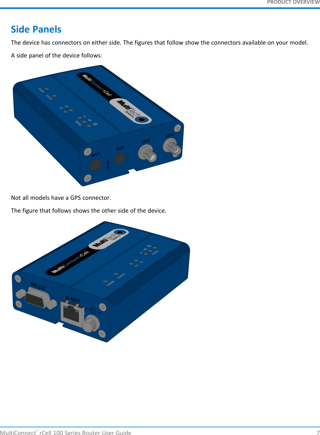 PRODUCT OVERVIEWSide PanelsThe device has connectors on either side. The figures that follow show the connectors available on your model.A side panel of the device follows:Not all models have a GPS connector.The figure that follows shows the other side of the device.MultiConnect®rCell 100 Series Router User Guide 7