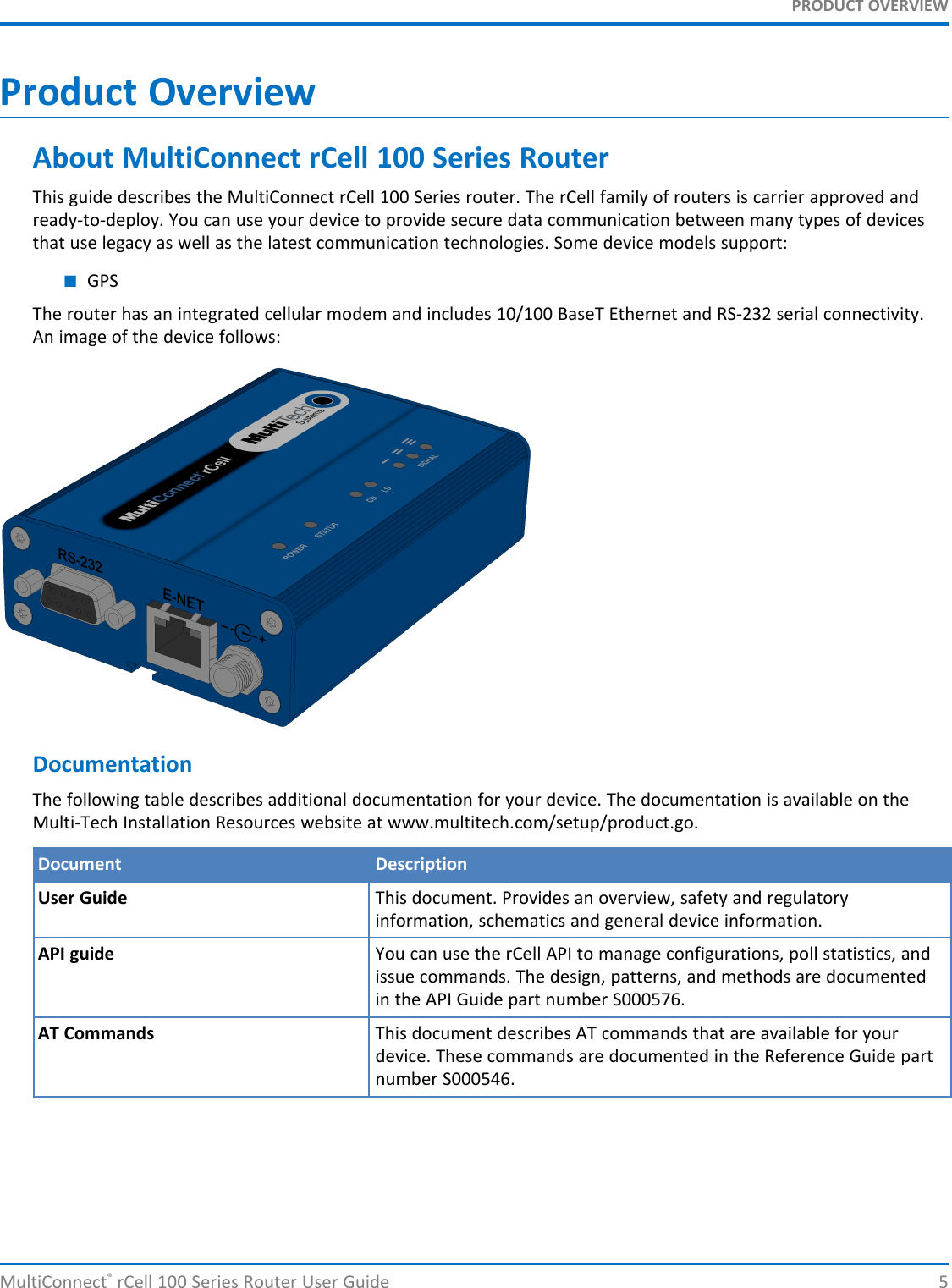 PRODUCT OVERVIEWProduct OverviewAbout MultiConnect rCell 100 Series RouterThis guide describes the MultiConnect rCell 100 Series router. The rCell family of routers is carrier approved andready-to-deploy. You can use your device to provide secure data communication between many types of devicesthat use legacy as well as the latest communication technologies. Some device models support:■GPSThe router has an integrated cellular modem and includes 10/100 BaseT Ethernet and RS-232 serial connectivity.An image of the device follows:DocumentationThe following table describes additional documentation for your device. The documentation is available on theMulti-Tech Installation Resources website at www.multitech.com/setup/product.go.Document DescriptionUser Guide This document. Provides an overview, safety and regulatoryinformation, schematics and general device information.API guide You can use the rCell API to manage configurations, poll statistics, andissue commands. The design, patterns, and methods are documentedin the API Guide part number S000576.AT Commands This document describes AT commands that are available for yourdevice. These commands are documented in the Reference Guide partnumber S000546.MultiConnect®rCell 100 Series Router User Guide 5