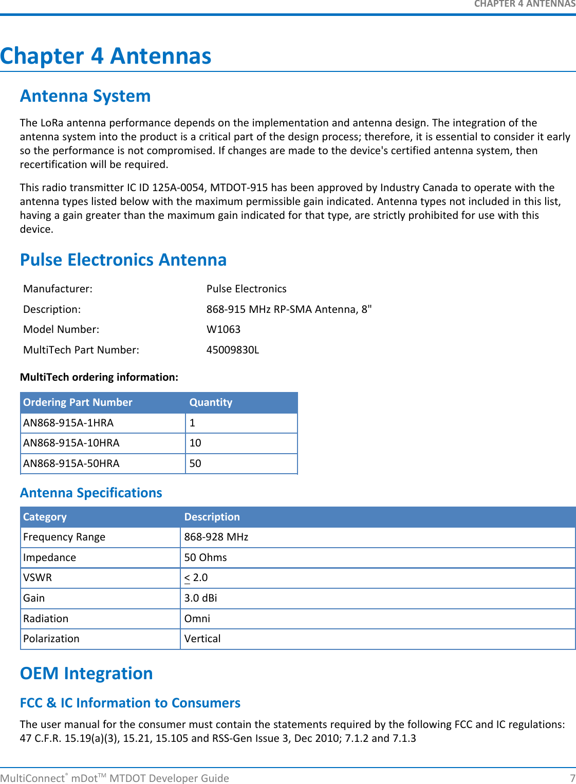 CHAPTER 4 ANTENNASChapter 4 AntennasAntenna SystemThe LoRa antenna performance depends on the implementation and antenna design. The integration of theantenna system into the product is a critical part of the design process; therefore, it is essential to consider it earlyso the performance is not compromised. If changes are made to the device&apos;s certified antenna system, thenrecertification will be required.This radio transmitter IC ID 125A-0054, MTDOT-915 has been approved by Industry Canada to operate with theantenna types listed below with the maximum permissible gain indicated. Antenna types not included in this list,having a gain greater than the maximum gain indicated for that type, are strictly prohibited for use with thisdevice.Pulse Electronics AntennaManufacturer: Pulse ElectronicsDescription: 868-915 MHz RP-SMA Antenna, 8&quot;Model Number: W1063MultiTech Part Number: 45009830LMultiTech ordering information:Ordering Part Number QuantityAN868-915A-1HRA 1AN868-915A-10HRA 10AN868-915A-50HRA 50Antenna SpecificationsCategory DescriptionFrequency Range 868-928 MHzImpedance 50 OhmsVSWR &lt; 2.0Gain 3.0 dBiRadiation OmniPolarization VerticalOEM IntegrationFCC &amp; IC Information to ConsumersThe user manual for the consumer must contain the statements required by the following FCC and IC regulations:47 C.F.R. 15.19(a)(3), 15.21, 15.105 and RSS-Gen Issue 3, Dec 2010; 7.1.2 and 7.1.3MultiConnect®mDotTM MTDOT Developer Guide 7