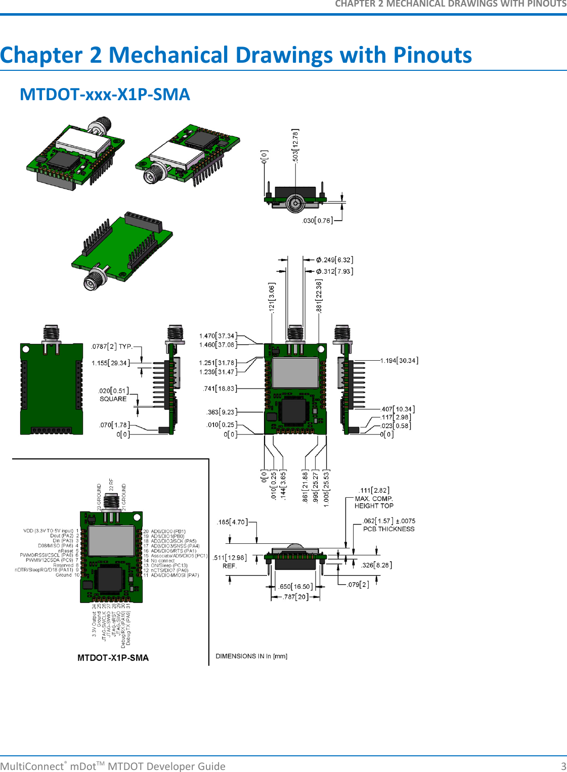 CHAPTER 2 MECHANICAL DRAWINGS WITH PINOUTSMultiConnect®mDotTM MTDOT Developer Guide 3Chapter 2 Mechanical Drawings with PinoutsMTDOT-xxx-X1P-SMA