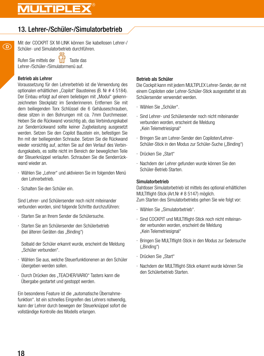 Page 18 of Multiplex Modellsport and KG COCKPITSX Remote Control User Manual