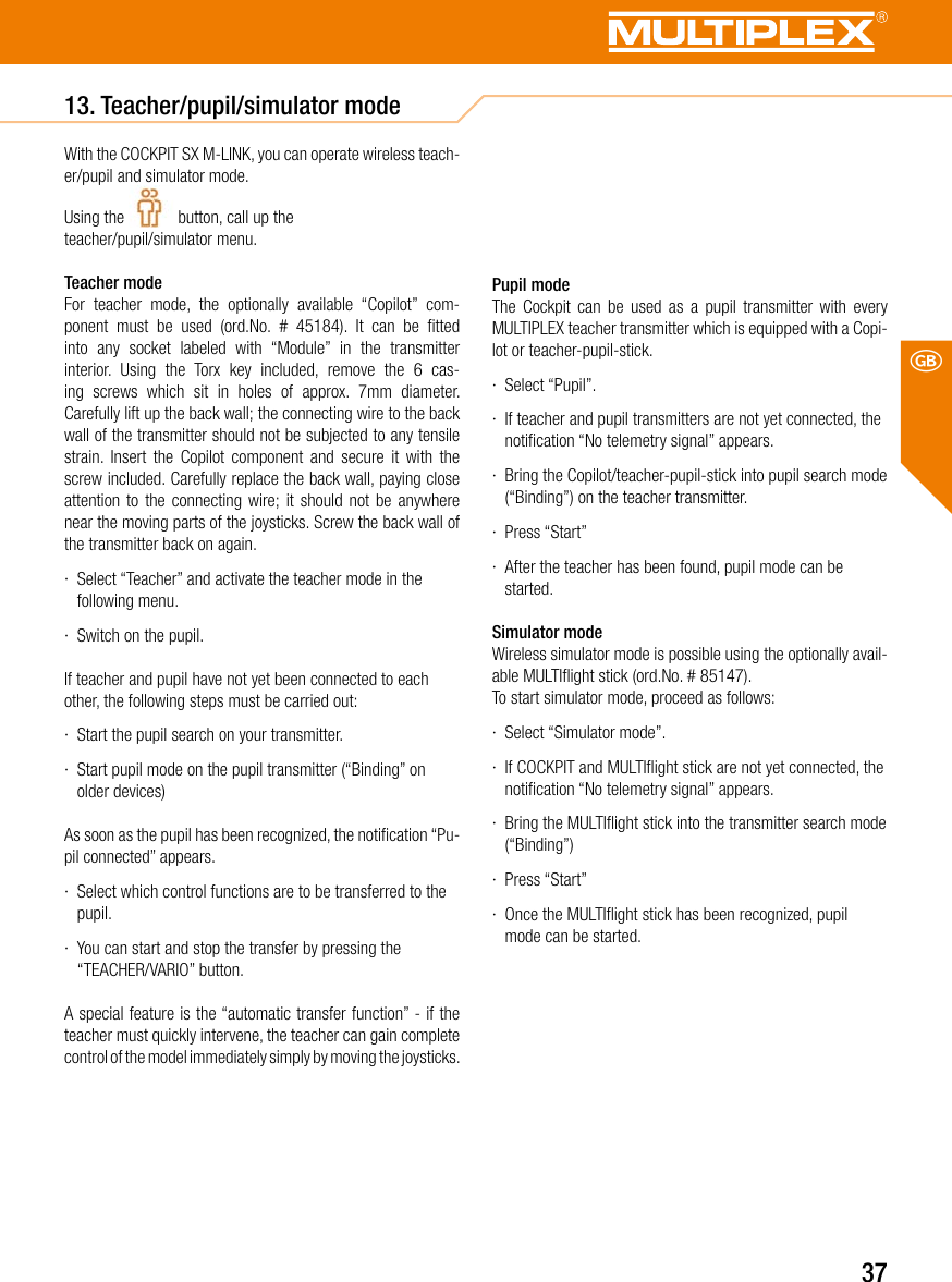 Page 37 of Multiplex Modellsport and KG COCKPITSX Remote Control User Manual