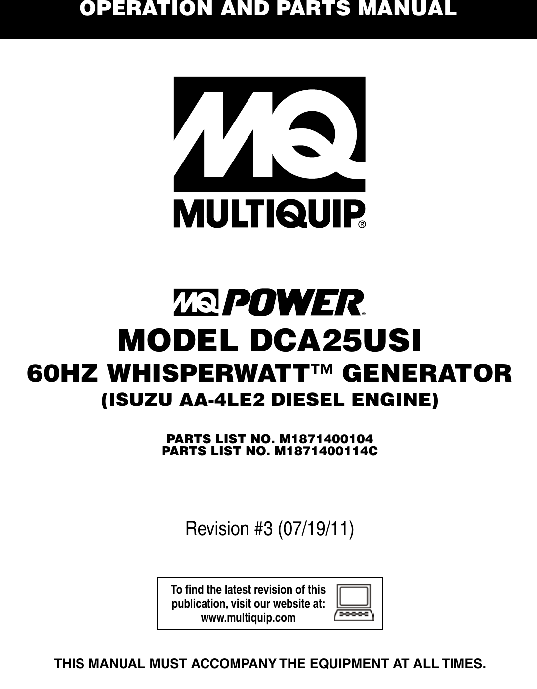 Multiquip Mq Power 60hz Whisperwatt Generator Dca25usi Users Manual