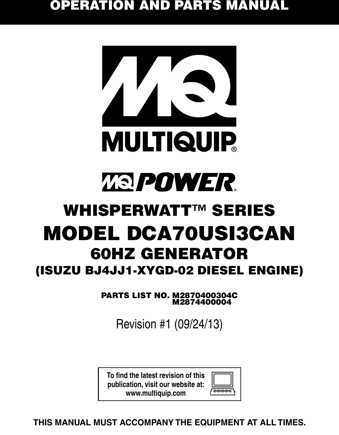 Multiquip Portable Generator Dca70Us13Can Users Manual