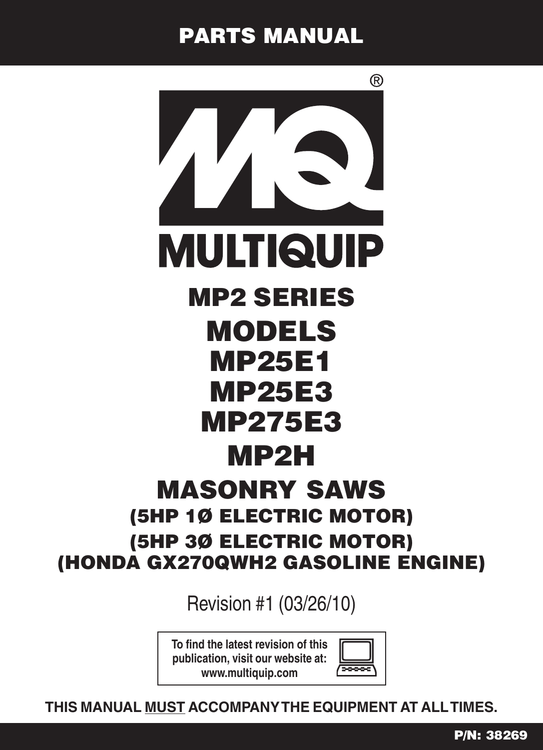 Multiquip Saw Mp2H Users Manual MP2 5E1 5E3 75E3 H parts rev 1 032610.pmd