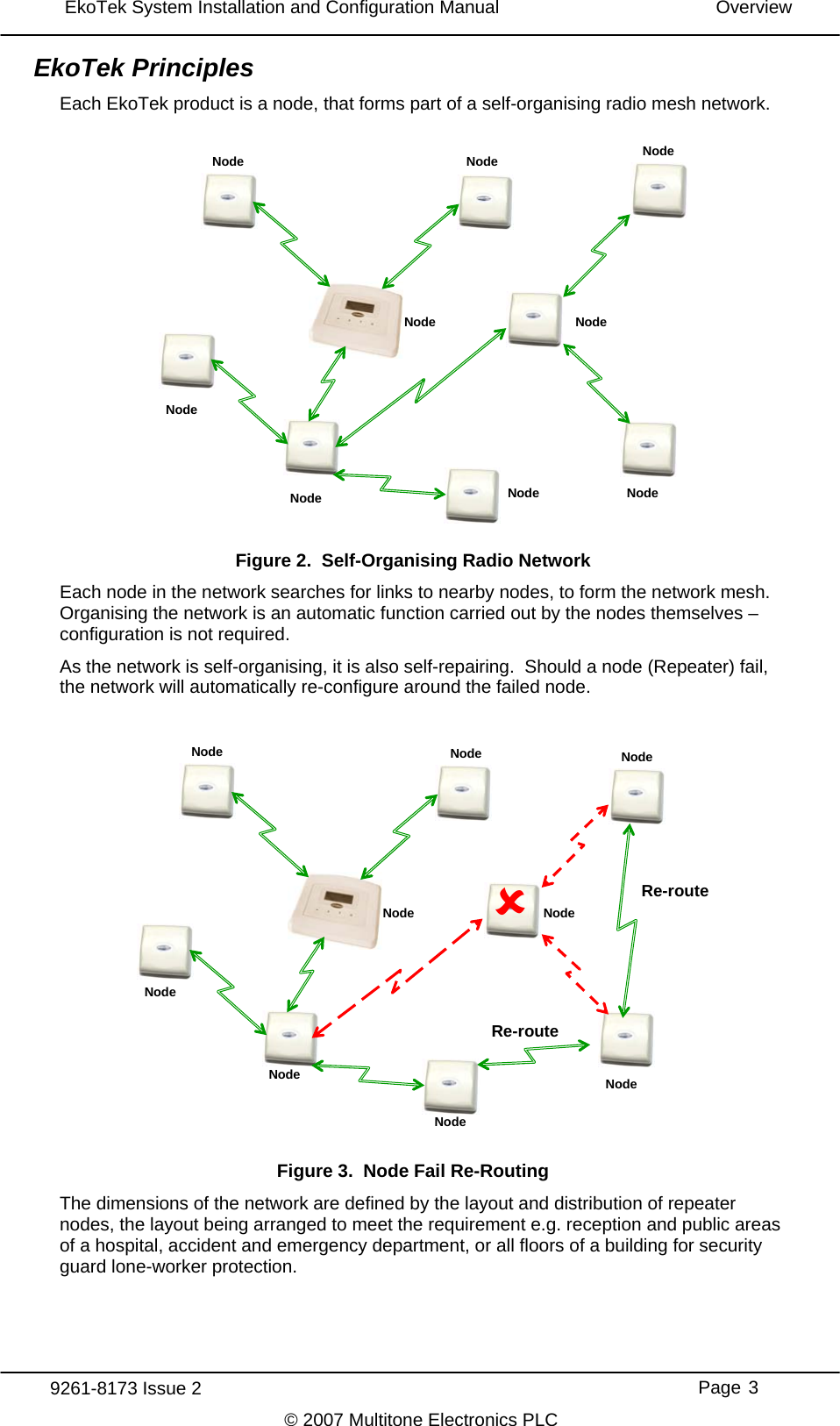  EkoTek System Installation and Configuration Manual  Overview  EkoTek Principles Each EkoTek product is a node, that forms part of a self-organising radio mesh network. Node Node NodeNodeNode NodeNodeNodeNode Figure 2.  Self-Organising Radio Network Each node in the network searches for links to nearby nodes, to form the network mesh.  Organising the network is an automatic function carried out by the nodes themselves – configuration is not required. As the network is self-organising, it is also self-repairing.  Should a node (Repeater) fail, the network will automatically re-configure around the failed node. 8Node Node NodeNodeNodeNodeNodeNodeNodeRe-routeRe-route Figure 3.  Node Fail Re-Routing The dimensions of the network are defined by the layout and distribution of repeater nodes, the layout being arranged to meet the requirement e.g. reception and public areas of a hospital, accident and emergency department, or all floors of a building for security guard lone-worker protection.  9261-8173 Issue 2     Page 3 © 2007 Multitone Electronics PLC 