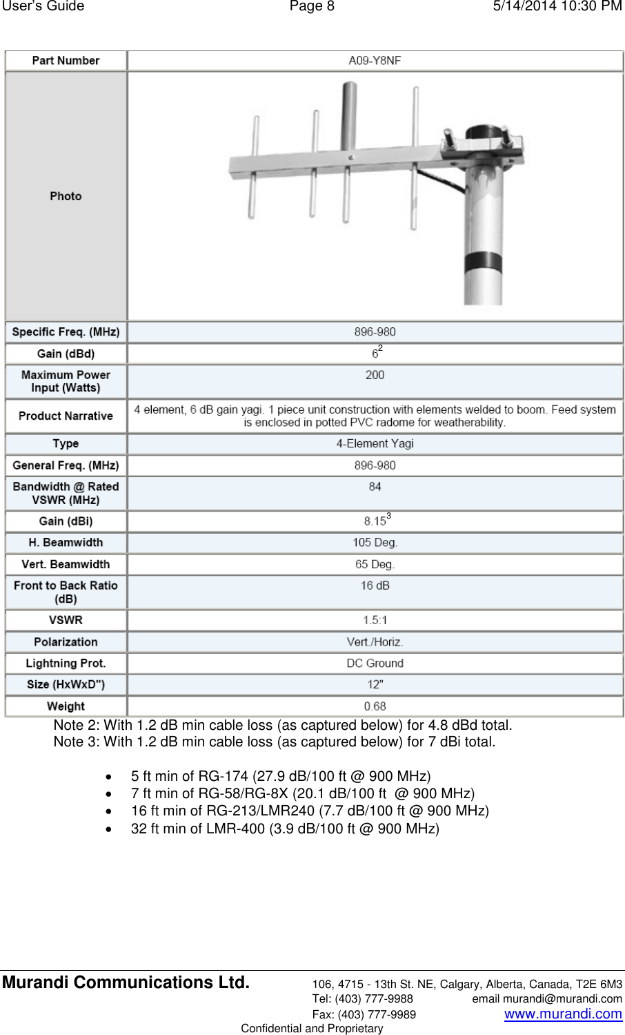 User’s Guide  Page 8  5/14/2014 10:30 PM Murandi Communications Ltd. 106, 4715 - 13th St. NE, Calgary, Alberta, Canada, T2E 6M3   Tel: (403) 777-9988  email murandi@murandi.com   Fax: (403) 777-9989 www.murandi.com Confidential and Proprietary  Note 2: With 1.2 dB min cable loss (as captured below) for 4.8 dBd total. Note 3: With 1.2 dB min cable loss (as captured below) for 7 dBi total.    5 ft min of RG-174 (27.9 dB/100 ft @ 900 MHz)   7 ft min of RG-58/RG-8X (20.1 dB/100 ft  @ 900 MHz)   16 ft min of RG-213/LMR240 (7.7 dB/100 ft @ 900 MHz)   32 ft min of LMR-400 (3.9 dB/100 ft @ 900 MHz) 2 3 