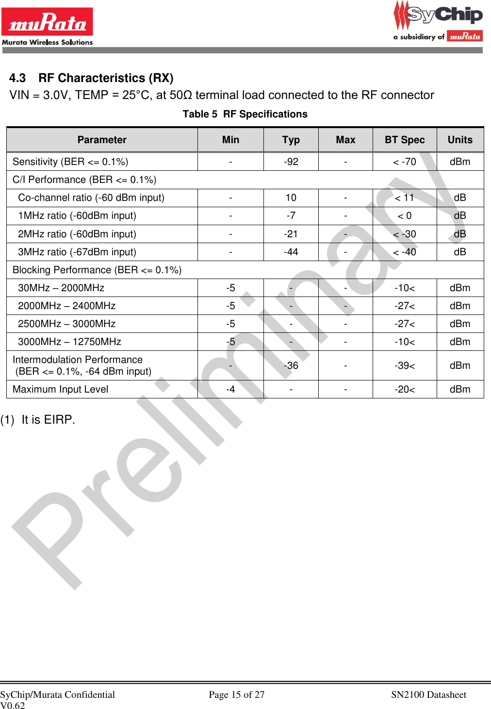            SyChip/Murata Confidential                                     Page 15 of 27                                                  SN2100 Datasheet V0.62                                         4.3  RF Characteristics (RX) VIN = 3.0V, TEMP = 25°C, at 50Ω terminal load connected to the RF connector Table 5  RF Specifications Parameter Min Typ Max BT Spec Units Sensitivity (BER &lt;= 0.1%) - -92 - &lt; -70 dBm C/I Performance (BER &lt;= 0.1%)   Co-channel ratio (-60 dBm input) - 10 - &lt; 11 dB   1MHz ratio (-60dBm input) - -7 - &lt; 0 dB   2MHz ratio (-60dBm input) - -21 - &lt; -30 dB   3MHz ratio (-67dBm input) - -44 - &lt; -40 dB Blocking Performance (BER &lt;= 0.1%)   30MHz – 2000MHz -5 - - -10&lt; dBm   2000MHz – 2400MHz -5 - - -27&lt; dBm   2500MHz – 3000MHz -5 - - -27&lt; dBm   3000MHz – 12750MHz -5 - - -10&lt; dBm Intermodulation Performance  (BER &lt;= 0.1%, -64 dBm input) - -36 - -39&lt; dBm Maximum Input Level -4 - - -20&lt; dBm  (1)  It is EIRP.  