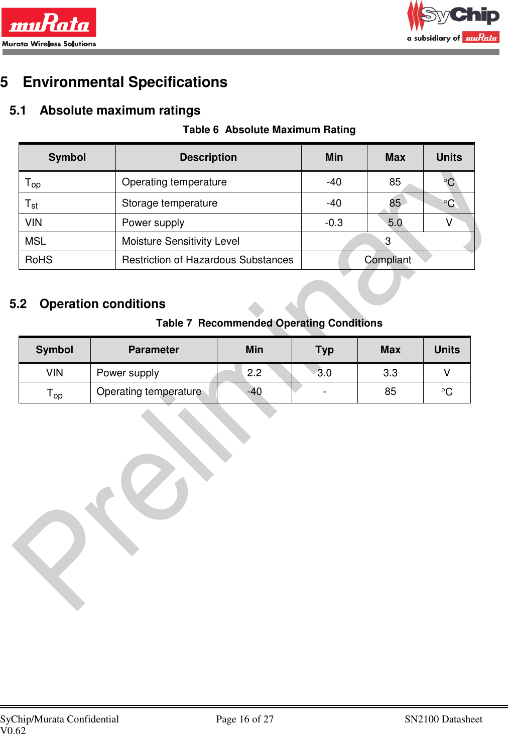            SyChip/Murata Confidential                                     Page 16 of 27                                                  SN2100 Datasheet V0.62                                         5  Environmental Specifications 5.1  Absolute maximum ratings Table 6  Absolute Maximum Rating Symbol Description Min Max Units Top Operating temperature -40 85 C Tst Storage temperature -40 85 C VIN Power supply -0.3 5.0 V MSL Moisture Sensitivity Level 3 RoHS Restriction of Hazardous Substances Compliant  5.2  Operation conditions Table 7  Recommended Operating Conditions Symbol Parameter Min Typ Max Units VIN Power supply 2.2 3.0 3.3 V Top Operating temperature -40 - 85 C 