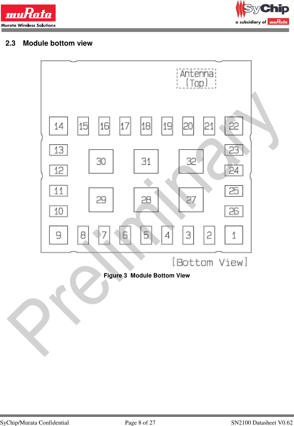            SyChip/Murata Confidential                                     Page 8 of 27                                                  SN2100 Datasheet V0.62                                        2.3  Module bottom view   Figure 3  Module Bottom View 