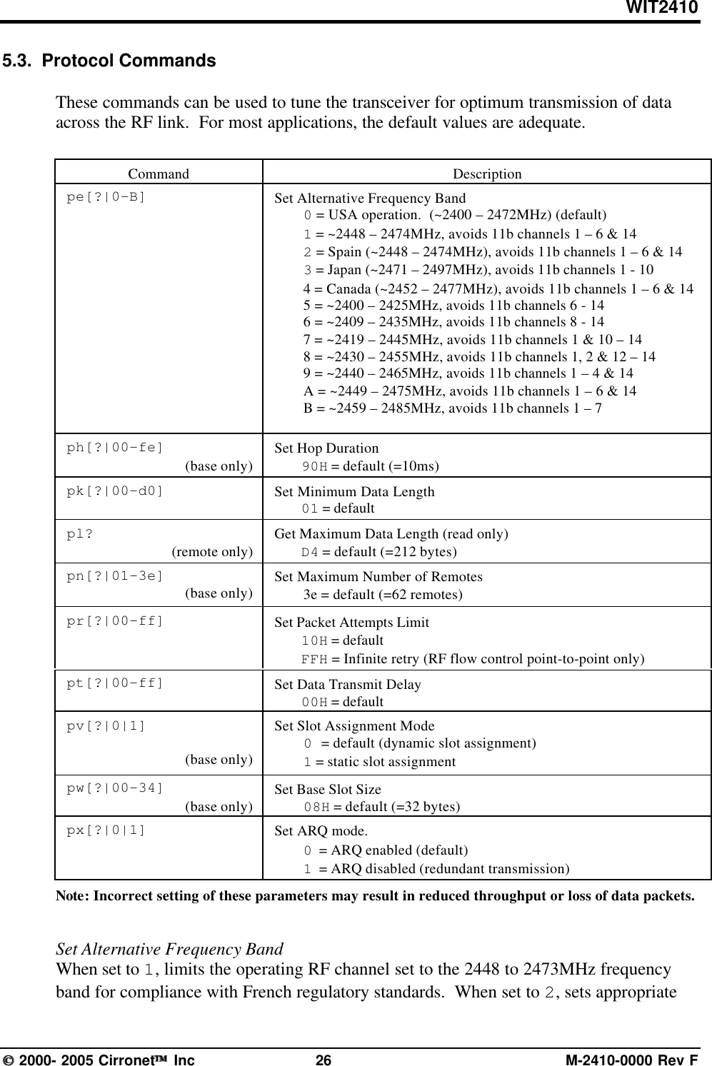 WIT2410 2000- 2005 Cirronet Inc 26 M-2410-0000 Rev F5.3.  Protocol CommandsThese commands can be used to tune the transceiver for optimum transmission of dataacross the RF link.  For most applications, the default values are adequate.Command Descriptionpe[?|0-B] Set Alternative Frequency Band0 = USA operation.  (~2400 – 2472MHz) (default)1 = ~2448 – 2474MHz, avoids 11b channels 1 – 6 &amp; 142 = Spain (~2448 – 2474MHz), avoids 11b channels 1 – 6 &amp; 143 = Japan (~2471 – 2497MHz), avoids 11b channels 1 - 104 = Canada (~2452 – 2477MHz), avoids 11b channels 1 – 6 &amp; 145 = ~2400 – 2425MHz, avoids 11b channels 6 - 146 = ~2409 – 2435MHz, avoids 11b channels 8 - 147 = ~2419 – 2445MHz, avoids 11b channels 1 &amp; 10 – 148 = ~2430 – 2455MHz, avoids 11b channels 1, 2 &amp; 12 – 149 = ~2440 – 2465MHz, avoids 11b channels 1 – 4 &amp; 14A = ~2449 – 2475MHz, avoids 11b channels 1 – 6 &amp; 14B = ~2459 – 2485MHz, avoids 11b channels 1 – 7ph[?|00-fe](base only)Set Hop Duration90H = default (=10ms)pk[?|00-d0] Set Minimum Data Length01 = defaultpl?(remote only)Get Maximum Data Length (read only)D4 = default (=212 bytes)pn[?|01-3e](base only) Set Maximum Number of Remotes3e = default (=62 remotes)pr[?|00-ff] Set Packet Attempts Limit10H = defaultFFH = Infinite retry (RF flow control point-to-point only)pt[?|00-ff] Set Data Transmit Delay00H = defaultpv[?|0|1](base only)Set Slot Assignment Mode0 = default (dynamic slot assignment)1 = static slot assignmentpw[?|00-34](base only) Set Base Slot Size08H = default (=32 bytes)px[?|0|1] Set ARQ mode.0  = ARQ enabled (default)1  = ARQ disabled (redundant transmission)Note: Incorrect setting of these parameters may result in reduced throughput or loss of data packets.Set Alternative Frequency BandWhen set to 1, limits the operating RF channel set to the 2448 to 2473MHz frequencyband for compliance with French regulatory standards.  When set to 2, sets appropriate