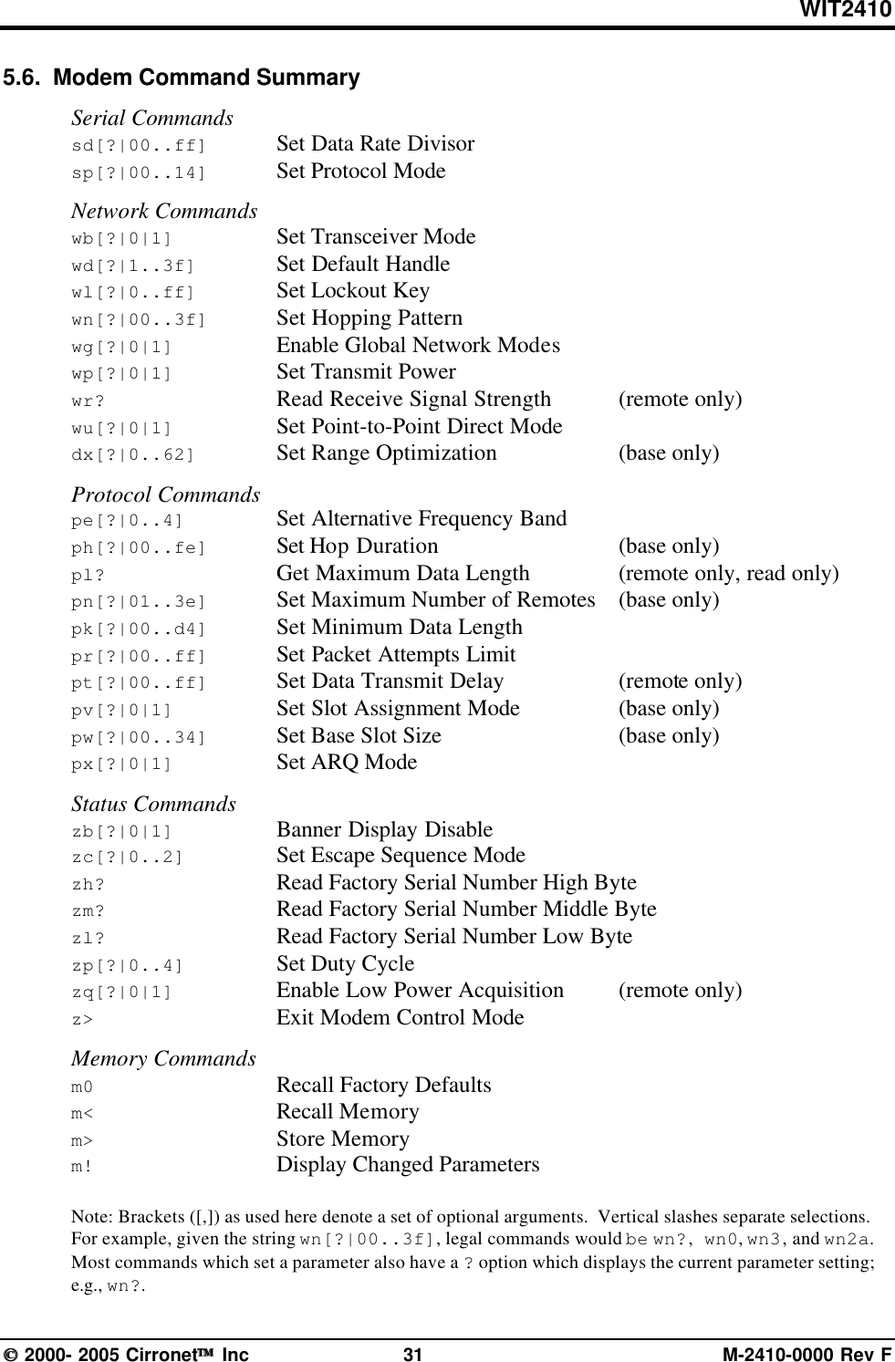 WIT2410 2000- 2005 Cirronet Inc 31 M-2410-0000 Rev F5.6.  Modem Command SummarySerial Commandssd[?|00..ff] Set Data Rate Divisorsp[?|00..14] Set Protocol ModeNetwork Commandswb[?|0|1] Set Transceiver Modewd[?|1..3f] Set Default Handlewl[?|0..ff] Set Lockout Keywn[?|00..3f] Set Hopping Patternwg[?|0|1] Enable Global Network Modeswp[?|0|1] Set Transmit Powerwr? Read Receive Signal Strength (remote only)wu[?|0|1] Set Point-to-Point Direct Modedx[?|0..62] Set Range Optimization (base only)Protocol Commandspe[?|0..4] Set Alternative Frequency Bandph[?|00..fe] Set Hop Duration (base only)pl? Get Maximum Data Length (remote only, read only)pn[?|01..3e] Set Maximum Number of Remotes (base only)pk[?|00..d4] Set Minimum Data Lengthpr[?|00..ff] Set Packet Attempts Limitpt[?|00..ff] Set Data Transmit Delay (remote only)pv[?|0|1] Set Slot Assignment Mode (base only)pw[?|00..34] Set Base Slot Size (base only)px[?|0|1] Set ARQ ModeStatus Commandszb[?|0|1] Banner Display Disablezc[?|0..2] Set Escape Sequence Modezh? Read Factory Serial Number High Bytezm? Read Factory Serial Number Middle Bytezl? Read Factory Serial Number Low Bytezp[?|0..4] Set Duty Cyclezq[?|0|1] Enable Low Power Acquisition (remote only)z&gt; Exit Modem Control ModeMemory Commandsm0 Recall Factory Defaultsm&lt; Recall Memorym&gt; Store Memorym! Display Changed ParametersNote: Brackets ([,]) as used here denote a set of optional arguments.  Vertical slashes separate selections.For example, given the string wn[?|00..3f], legal commands would be wn?, wn0, wn3, and wn2a.Most commands which set a parameter also have a ? option which displays the current parameter setting;e.g., wn?.