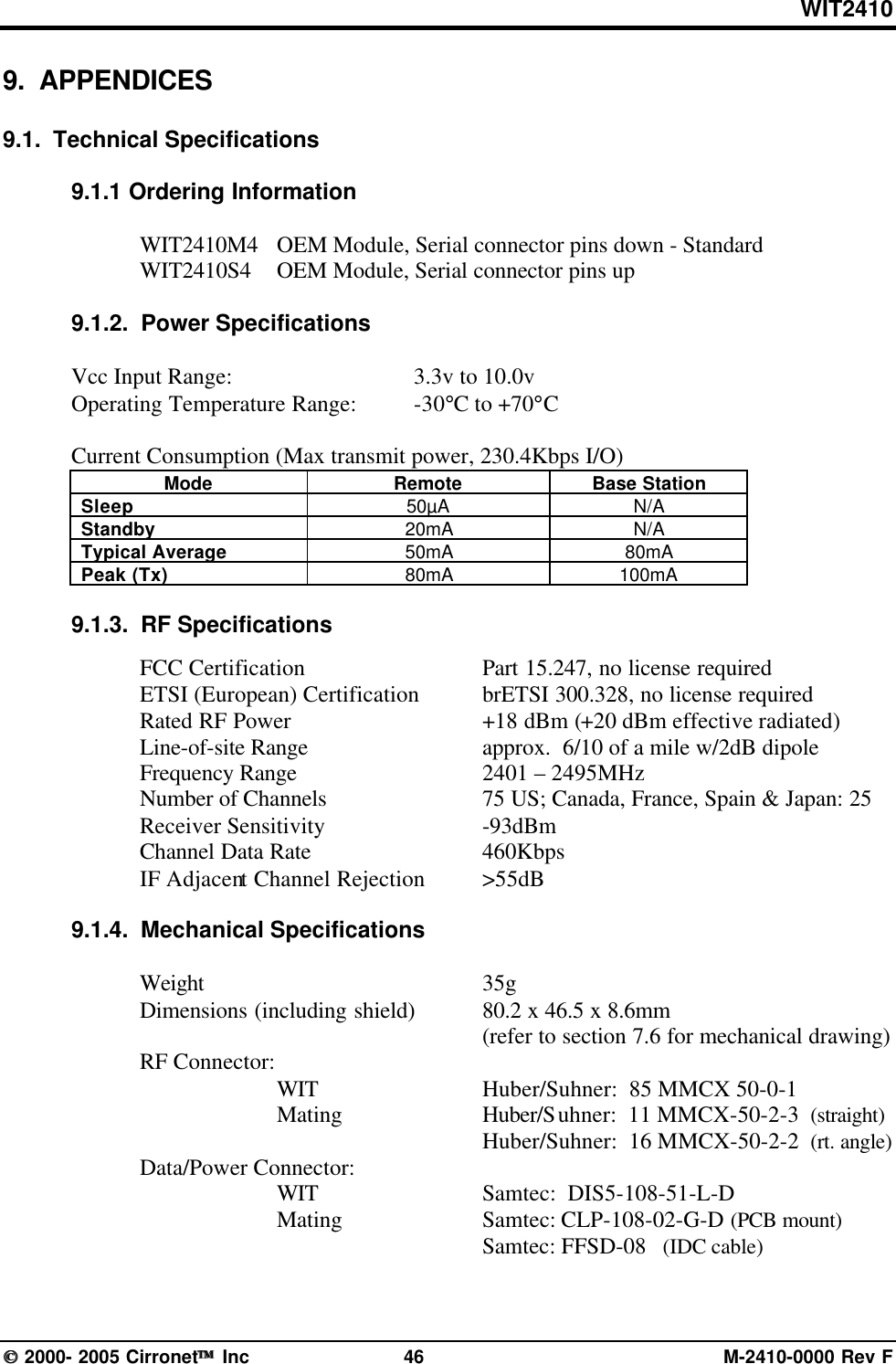 WIT2410 2000- 2005 Cirronet Inc 46 M-2410-0000 Rev F9.  APPENDICES9.1.  Technical Specifications9.1.1 Ordering InformationWIT2410M4 OEM Module, Serial connector pins down - StandardWIT2410S4 OEM Module, Serial connector pins up9.1.2.  Power SpecificationsVcc Input Range: 3.3v to 10.0vOperating Temperature Range: -30°C to +70°CCurrent Consumption (Max transmit power, 230.4Kbps I/O)Mode Remote Base StationSleep 50µA N/AStandby 20mA N/ATypical Average 50mA 80mAPeak (Tx) 80mA 100mA9.1.3.  RF SpecificationsFCC Certification Part 15.247, no license requiredETSI (European) Certification brETSI 300.328, no license requiredRated RF Power +18 dBm (+20 dBm effective radiated)Line-of-site Range approx.  6/10 of a mile w/2dB dipoleFrequency Range 2401 – 2495MHzNumber of Channels 75 US; Canada, France, Spain &amp; Japan: 25Receiver Sensitivity -93dBmChannel Data Rate 460KbpsIF Adjacent Channel Rejection &gt;55dB9.1.4.  Mechanical SpecificationsWeight 35gDimensions (including shield) 80.2 x 46.5 x 8.6mm(refer to section 7.6 for mechanical drawing)RF Connector:WIT Huber/Suhner:  85 MMCX 50-0-1Mating Huber/Suhner:  11 MMCX-50-2-3  (straight)Huber/Suhner:  16 MMCX-50-2-2  (rt. angle)Data/Power Connector:WIT Samtec:  DIS5-108-51-L-DMating  Samtec: CLP-108-02-G-D (PCB mount) Samtec: FFSD-08   (IDC cable)