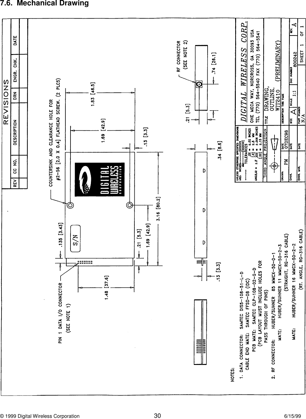 © 1999 Digital Wireless Corporation 30 6/15/997.6.  Mechanical Drawing