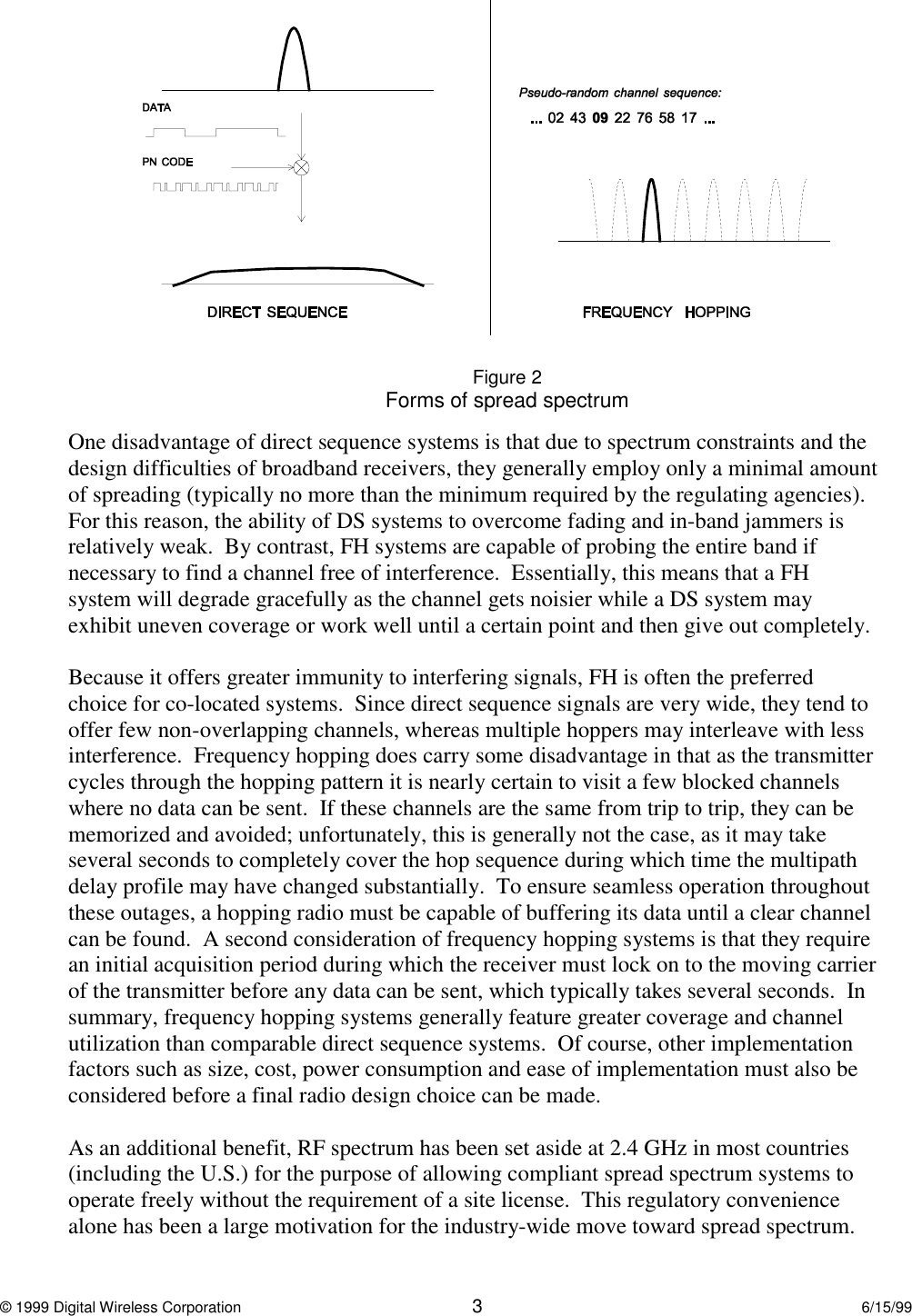 © 1999 Digital Wireless Corporation 36/15/99Figure 2Forms of spread spectrumOne disadvantage of direct sequence systems is that due to spectrum constraints and thedesign difficulties of broadband receivers, they generally employ only a minimal amountof spreading (typically no more than the minimum required by the regulating agencies).For this reason, the ability of DS systems to overcome fading and in-band jammers isrelatively weak.  By contrast, FH systems are capable of probing the entire band ifnecessary to find a channel free of interference.  Essentially, this means that a FHsystem will degrade gracefully as the channel gets noisier while a DS system mayexhibit uneven coverage or work well until a certain point and then give out completely.Because it offers greater immunity to interfering signals, FH is often the preferredchoice for co-located systems.  Since direct sequence signals are very wide, they tend tooffer few non-overlapping channels, whereas multiple hoppers may interleave with lessinterference.  Frequency hopping does carry some disadvantage in that as the transmittercycles through the hopping pattern it is nearly certain to visit a few blocked channelswhere no data can be sent.  If these channels are the same from trip to trip, they can bememorized and avoided; unfortunately, this is generally not the case, as it may takeseveral seconds to completely cover the hop sequence during which time the multipathdelay profile may have changed substantially.  To ensure seamless operation throughoutthese outages, a hopping radio must be capable of buffering its data until a clear channelcan be found.  A second consideration of frequency hopping systems is that they requirean initial acquisition period during which the receiver must lock on to the moving carrierof the transmitter before any data can be sent, which typically takes several seconds.  Insummary, frequency hopping systems generally feature greater coverage and channelutilization than comparable direct sequence systems.  Of course, other implementationfactors such as size, cost, power consumption and ease of implementation must also beconsidered before a final radio design choice can be made.As an additional benefit, RF spectrum has been set aside at 2.4 GHz in most countries(including the U.S.) for the purpose of allowing compliant spread spectrum systems tooperate freely without the requirement of a site license.  This regulatory conveniencealone has been a large motivation for the industry-wide move toward spread spectrum.