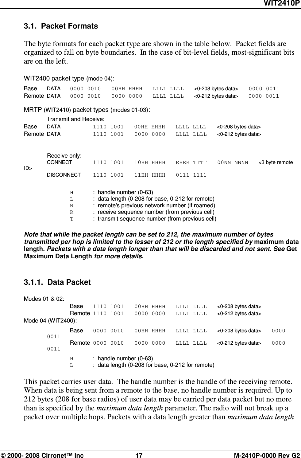 WIT2410P © 2000- 2008 Cirronet™ Inc  17  M-2410P-0000 Rev G2 3.1.  Packet Formats  The byte formats for each packet type are shown in the table below.  Packet fields are organized to fall on byte boundaries.  In the case of bit-level fields, most-significant bits are on the left.  WIT2400 packet type (mode 04): Base DATA 0000 0010   00HH HHHH   LLLL LLLL   &lt;0-208 bytes data&gt;   0000 0011 Remote DATA 0000 0010   0000 0000   LLLL LLLL   &lt;0-212 bytes data&gt;   0000 0011  MRTP (WIT2410) packet types (modes 01-03):   Transmit and Receive: Base  DATA    1110 1001       00HH HHHH   LLLL LLLL   &lt;0-208 bytes data&gt; Remote DATA   1110 1001   0000 0000   LLLL LLLL   &lt;0-212 bytes data&gt;     Receive only:  CONNECT 1110 1001   10HH HHHH   RRRR TTTT   00NN NNNN   &lt;3 byte remote ID&gt;    DISCONNECT 1110 1001   11HH HHHH   0111 1111        H  :  handle number (0-63)   L   :  data length (0-208 for base, 0-212 for remote)   N  :  remote&apos;s previous network number (if roamed)   R  :  receive sequence number (from previous cell)   T  :  transmit sequence number (from previous cell)  Note that while the packet length can be set to 212, the maximum number of bytes transmitted per hop is limited to the lesser of 212 or the length specified by maximum data length. Packets with a data length longer than that will be discarded and not sent. See Get Maximum Data Length for more details.   3.1.1.  Data Packet    Modes 01 &amp; 02:   Base 1110 1001   00HH HHHH   LLLL LLLL   &lt;0-208 bytes data&gt;    Remote  1110 1001   0000 0000   LLLL LLLL   &lt;0-212 bytes data&gt; Mode 04 (WIT2400):   Base 0000 0010   00HH HHHH   LLLL LLLL   &lt;0-208 bytes data&gt;   0000 0011 Remote  0000 0010   0000 0000   LLLL LLLL   &lt;0-212 bytes data&gt;   0000 0011   H  :  handle number (0-63)   L   :  data length (0-208 for base, 0-212 for remote)  This packet carries user data.  The handle number is the handle of the receiving remote. When data is being sent from a remote to the base, no handle number is required. Up to 212 bytes (208 for base radios) of user data may be carried per data packet but no more than is specified by the maximum data length parameter. The radio will not break up a packet over multiple hops. Packets with a data length greater than maximum data length 
