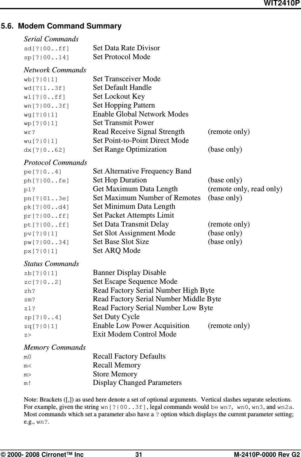 WIT2410P © 2000- 2008 Cirronet™ Inc  31  M-2410P-0000 Rev G2 5.6.  Modem Command Summary  Serial Commands sd[?|00..ff]  Set Data Rate Divisor sp[?|00..14]  Set Protocol Mode  Network Commands wb[?|0|1]    Set Transceiver Mode wd[?|1..3f]    Set Default Handle wl[?|0..ff]  Set Lockout Key wn[?|00..3f]  Set Hopping Pattern wg[?|0|1]    Enable Global Network Modes wp[?|0|1]    Set Transmit Power wr?      Read Receive Signal Strength   (remote only) wu[?|0|1]   Set Point-to-Point Direct Mode dx[?|0..62]    Set Range Optimization    (base only)  Protocol Commands pe[?|0..4]    Set Alternative Frequency Band ph[?|00..fe]  Set Hop Duration      (base only) pl?      Get Maximum Data Length    (remote only, read only) pn[?|01..3e]  Set Maximum Number of Remotes  (base only) pk[?|00..d4]  Set Minimum Data Length pr[?|00..ff]  Set Packet Attempts Limit pt[?|00..ff]  Set Data Transmit Delay    (remote only) pv[?|0|1]   Set Slot Assignment Mode    (base only) pw[?|00..34]  Set Base Slot Size      (base only) px[?|0|1]    Set ARQ Mode  Status Commands zb[?|0|1]    Banner Display Disable zc[?|0..2]    Set Escape Sequence Mode zh?     Read Factory Serial Number High Byte zm?     Read Factory Serial Number Middle Byte zl?     Read Factory Serial Number Low Byte zp[?|0..4]    Set Duty Cycle zq[?|0|1]    Enable Low Power Acquisition  (remote only) z&gt;      Exit Modem Control Mode  Memory Commands m0      Recall Factory Defaults m&lt;      Recall Memory m&gt; Store Memory m!      Display Changed Parameters  Note: Brackets ([,]) as used here denote a set of optional arguments.  Vertical slashes separate selections.  For example, given the string wn[?|00..3f], legal commands would be wn?, wn0, wn3, and wn2a.  Most commands which set a parameter also have a ? option which displays the current parameter setting; e.g., wn?. 