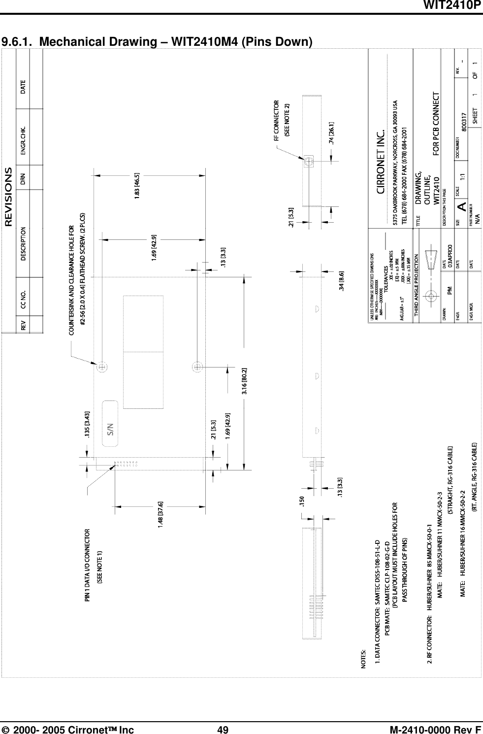 WIT2410P  2000- 2005 Cirronet Inc  49  M-2410-0000 Rev F 9.6.1.  Mechanical Drawing – WIT2410M4 (Pins Down)   