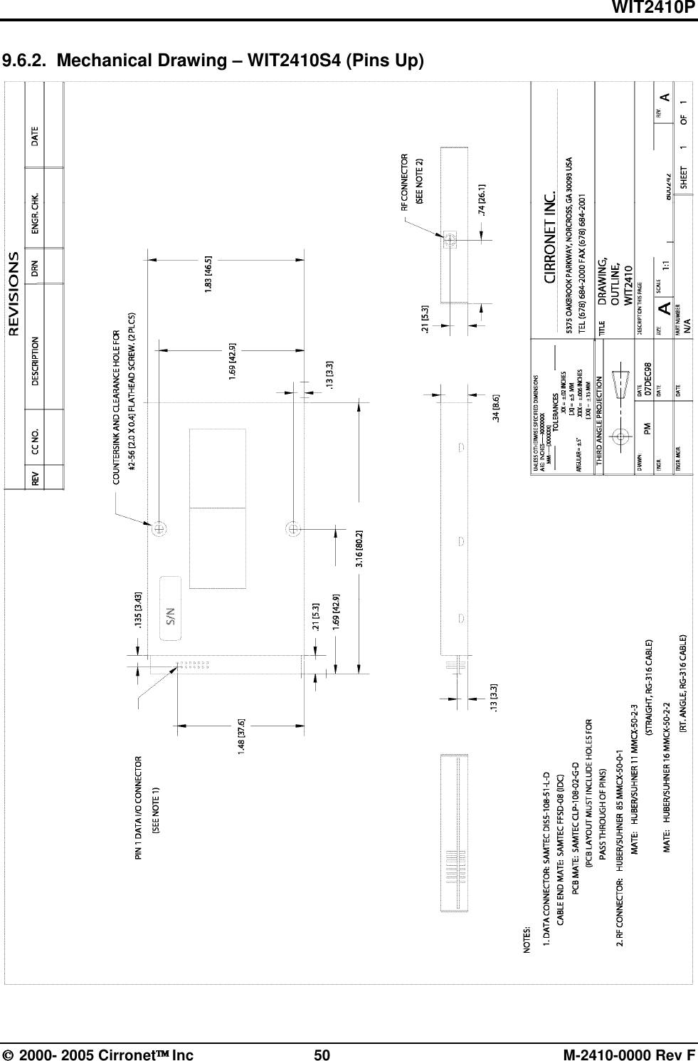 WIT2410P  2000- 2005 Cirronet Inc  50  M-2410-0000 Rev F 9.6.2.  Mechanical Drawing – WIT2410S4 (Pins Up)  
