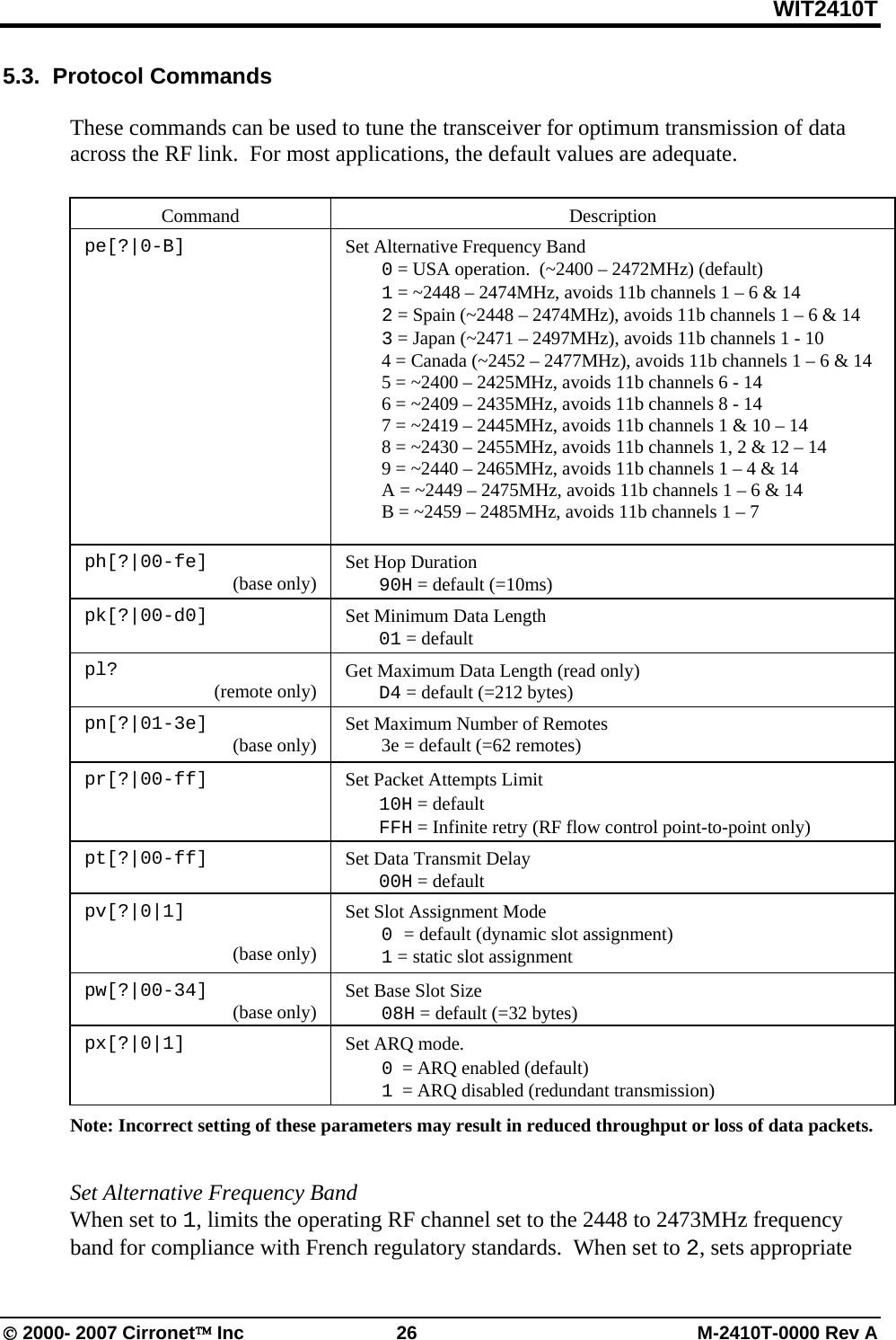 WIT2410T © 2000- 2007 Cirronet™ Inc  26  M-2410T-0000 Rev A 5.3.  Protocol Commands  These commands can be used to tune the transceiver for optimum transmission of data across the RF link.  For most applications, the default values are adequate.   Command   Description pe[?|0-B]  Set Alternative Frequency Band  0 = USA operation.  (~2400 – 2472MHz) (default)  1 = ~2448 – 2474MHz, avoids 11b channels 1 – 6 &amp; 14  2 = Spain (~2448 – 2474MHz), avoids 11b channels 1 – 6 &amp; 14  3 = Japan (~2471 – 2497MHz), avoids 11b channels 1 - 10   4 = Canada (~2452 – 2477MHz), avoids 11b channels 1 – 6 &amp; 14   5 = ~2400 – 2425MHz, avoids 11b channels 6 - 14   6 = ~2409 – 2435MHz, avoids 11b channels 8 - 14   7 = ~2419 – 2445MHz, avoids 11b channels 1 &amp; 10 – 14   8 = ~2430 – 2455MHz, avoids 11b channels 1, 2 &amp; 12 – 14   9 = ~2440 – 2465MHz, avoids 11b channels 1 – 4 &amp; 14   A = ~2449 – 2475MHz, avoids 11b channels 1 – 6 &amp; 14   B = ~2459 – 2485MHz, avoids 11b channels 1 – 7   ph[?|00-fe]  (base only)  Set Hop Duration  90H = default (=10ms)  pk[?|00-d0]      Set Minimum Data Length  01 = default  pl?  (remote only)    Get Maximum Data Length (read only)  D4 = default (=212 bytes) pn[?|01-3e]  (base only)  Set Maximum Number of Remotes   3e = default (=62 remotes)  pr[?|00-ff]                                     Set Packet Attempts Limit  10H = default  FFH = Infinite retry (RF flow control point-to-point only)  pt[?|00-ff]    Set Data Transmit Delay  00H = default    pv[?|0|1]  (base only) Set Slot Assignment Mode  0 = default (dynamic slot assignment)  1 = static slot assignment pw[?|00-34]  (base only)  Set Base Slot Size  08H = default (=32 bytes) px[?|0|1]  Set ARQ mode.    0  = ARQ enabled (default)  1  = ARQ disabled (redundant transmission) Note: Incorrect setting of these parameters may result in reduced throughput or loss of data packets.     Set Alternative Frequency Band When set to 1, limits the operating RF channel set to the 2448 to 2473MHz frequency band for compliance with French regulatory standards.  When set to 2, sets appropriate 