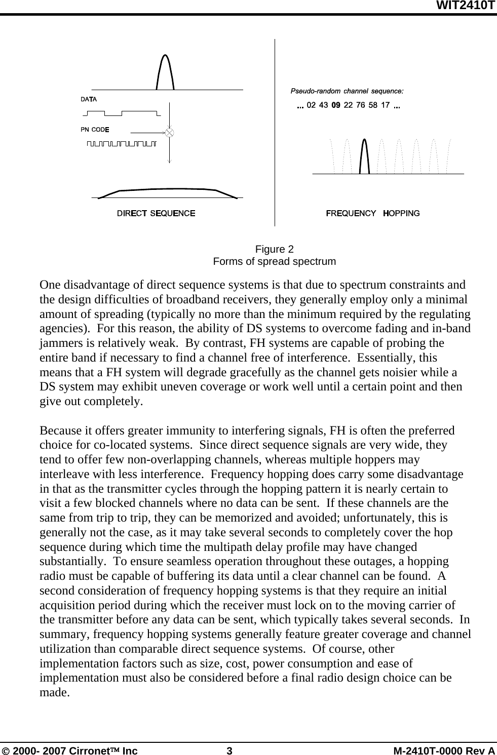 WIT2410T © 2000- 2007 Cirronet™ Inc  3  M-2410T-0000 Rev A   Figure 2 Forms of spread spectrum  One disadvantage of direct sequence systems is that due to spectrum constraints and the design difficulties of broadband receivers, they generally employ only a minimal amount of spreading (typically no more than the minimum required by the regulating agencies).  For this reason, the ability of DS systems to overcome fading and in-band jammers is relatively weak.  By contrast, FH systems are capable of probing the entire band if necessary to find a channel free of interference.  Essentially, this means that a FH system will degrade gracefully as the channel gets noisier while a DS system may exhibit uneven coverage or work well until a certain point and then give out completely.     Because it offers greater immunity to interfering signals, FH is often the preferred choice for co-located systems.  Since direct sequence signals are very wide, they tend to offer few non-overlapping channels, whereas multiple hoppers may interleave with less interference.  Frequency hopping does carry some disadvantage in that as the transmitter cycles through the hopping pattern it is nearly certain to visit a few blocked channels where no data can be sent.  If these channels are the same from trip to trip, they can be memorized and avoided; unfortunately, this is generally not the case, as it may take several seconds to completely cover the hop sequence during which time the multipath delay profile may have changed substantially.  To ensure seamless operation throughout these outages, a hopping radio must be capable of buffering its data until a clear channel can be found.  A second consideration of frequency hopping systems is that they require an initial acquisition period during which the receiver must lock on to the moving carrier of the transmitter before any data can be sent, which typically takes several seconds.  In summary, frequency hopping systems generally feature greater coverage and channel utilization than comparable direct sequence systems.  Of course, other implementation factors such as size, cost, power consumption and ease of implementation must also be considered before a final radio design choice can be made.  