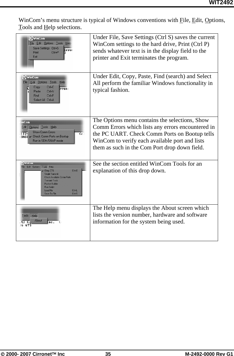 WIT2492 © 2000- 2007 Cirronet™ Inc  35  M-2492-0000 Rev G1 WinCom’s menu structure is typical of Windows conventions with File, Edit, Options, Tools and Help selections.   Under File, Save Settings (Ctrl S) saves the current WinCom settings to the hard drive, Print (Ctrl P) sends whatever text is in the display field to the printer and Exit terminates the program.  Under Edit, Copy, Paste, Find (search) and Select All perform the familiar Windows functionality in typical fashion.  The Options menu contains the selections, Show Comm Errors which lists any errors encountered in the PC UART. Check Comm Ports on Bootup tells WinCom to verify each available port and lists them as such in the Com Port drop down field.  See the section entitled WinCom Tools for an explanation of this drop down.  The Help menu displays the About screen which lists the version number, hardware and software information for the system being used.  