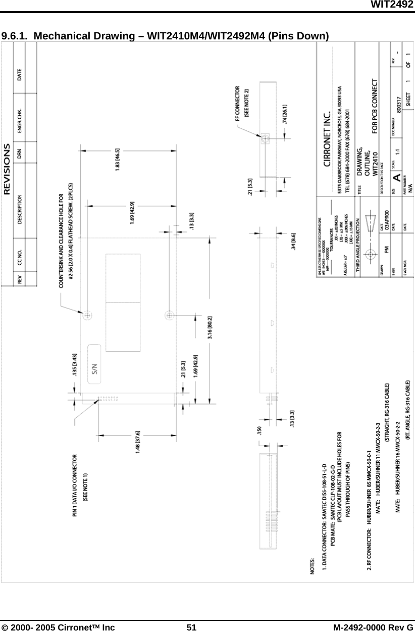 WIT2492 © 2000- 2005 Cirronet™ Inc  51  M-2492-0000 Rev G 9.6.1.  Mechanical Drawing – WIT2410M4/WIT2492M4 (Pins Down)   