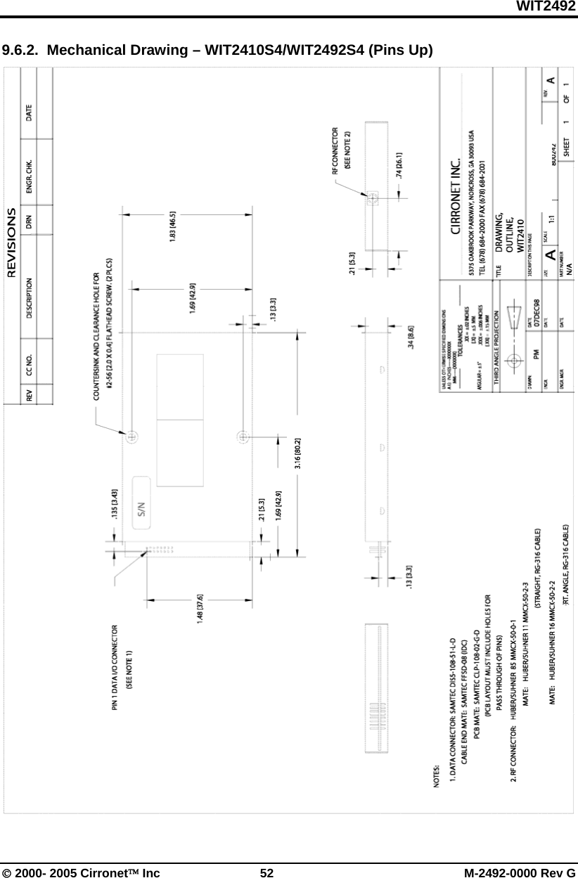 WIT2492 © 2000- 2005 Cirronet™ Inc  52  M-2492-0000 Rev G 9.6.2.  Mechanical Drawing – WIT2410S4/WIT2492S4 (Pins Up)  