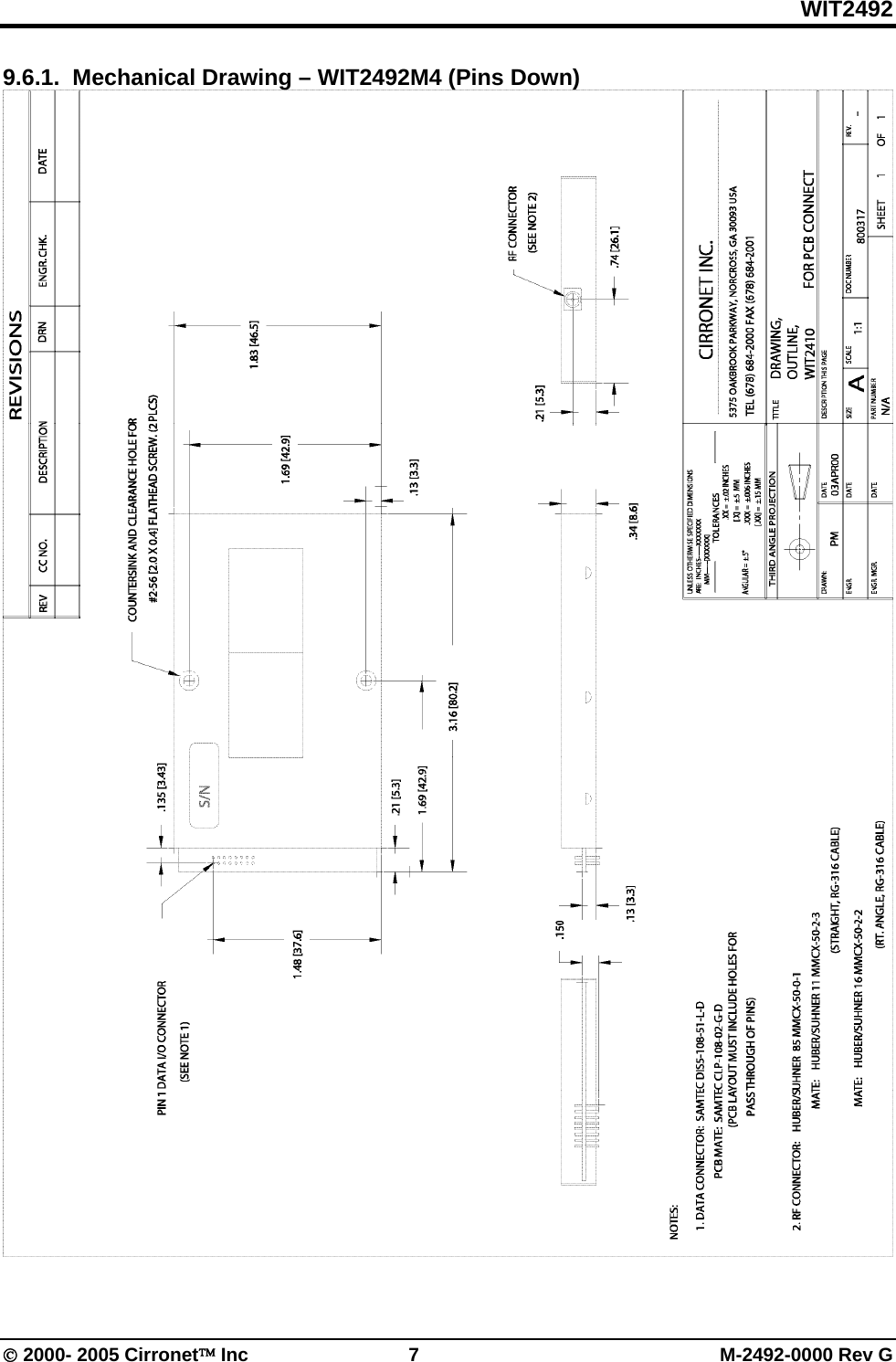 WIT2492  2000- 2005 Cirronet Inc  7  M-2492-0000 Rev G 9.6.1.  Mechanical Drawing – WIT2492M4 (Pins Down)   