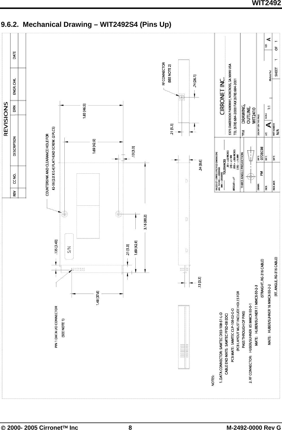 WIT2492  2000- 2005 Cirronet Inc  8  M-2492-0000 Rev G 9.6.2.  Mechanical Drawing – WIT2492S4 (Pins Up)  