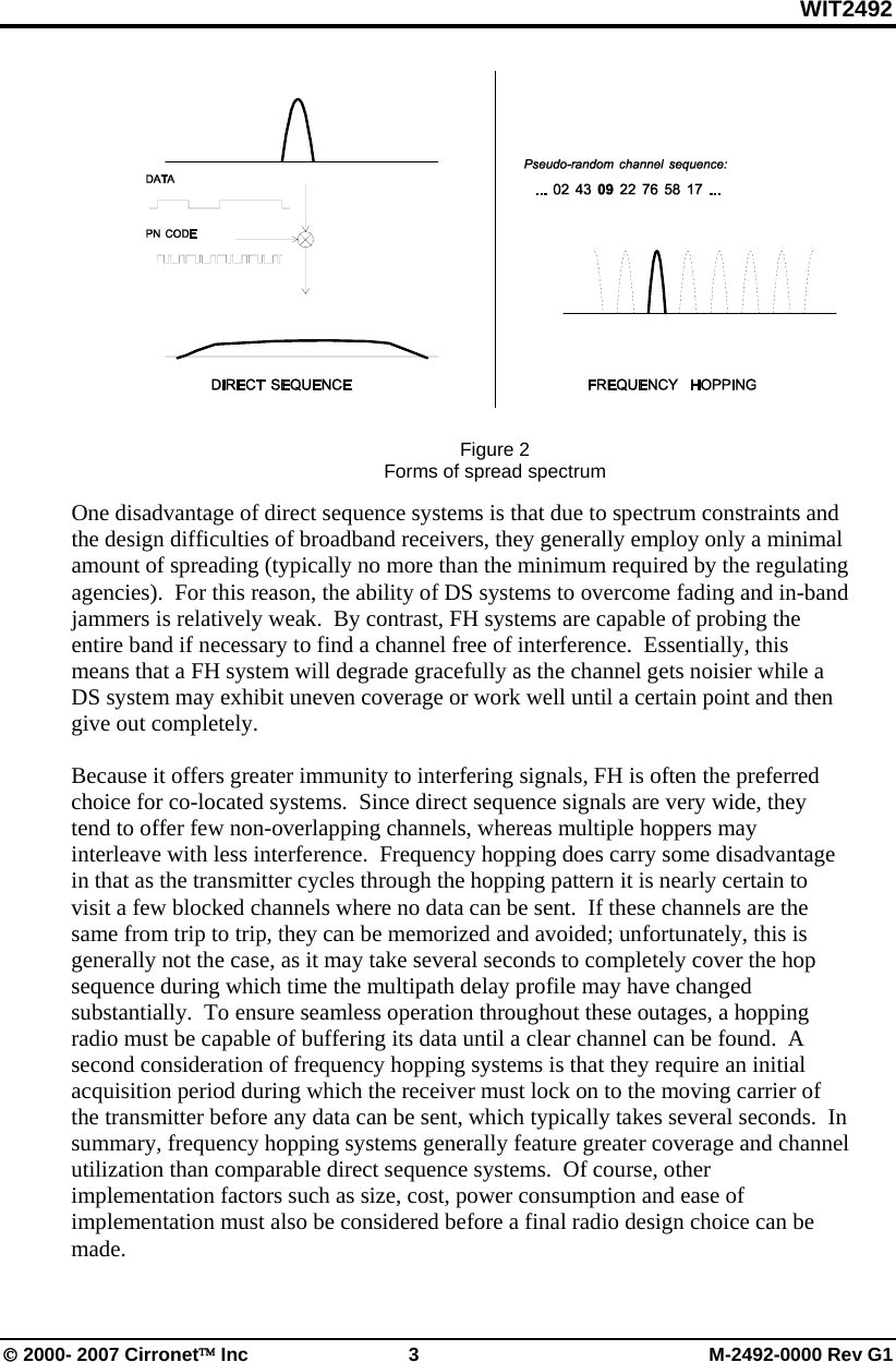 WIT2492 © 2000- 2007 Cirronet™ Inc 3 M-2492-0000 Rev G1 Figure 2 Forms of spread spectrum One disadvantage of direct sequence systems is that due to spectrum constraints and the design difficulties of broadband receivers, they generally employ only a minimal amount of spreading (typically no more than the minimum required by the regulating agencies). For this reason, the ability of DS systems to overcome fading and in-band jammers is relatively weak. By contrast, FH systems are capable of probing the entire band if necessary to find a channel free of interference. Essentially, this means that a FH system will degrade gracefully as the channel gets noisier while a DS system may exhibit uneven coverage or work well until a certain point and then give out completely. Because it offers greater immunity to interfering signals, FH is often the preferred choice for co-located systems. Since direct sequence signals are very wide, they tend to offer few non-overlapping channels, whereas multiple hoppers may interleave with less interference. Frequency hopping does carry some disadvantage in that as the transmitter cycles through the hopping pattern it is nearly certain to visit a few blocked channels where no data can be sent. If these channels are the same from trip to trip, they can be memorized and avoided; unfortunately, this is generally not the case, as it may take several seconds to completely cover the hop sequence during which time the multipath delay profile may have changed substantially. To ensure seamless operation throughout these outages, a hopping radio must be capable of buffering its data until a clear channel can be found. A second consideration of frequency hopping systems is that they require an initial acquisition period during which the receiver must lock on to the moving carrier of the transmitter before any data can be sent, which typically takes several seconds. In summary, frequency hopping systems generally feature greater coverage and channel utilization than comparable direct sequence systems. Of course, other implementation factors such as size, cost, power consumption and ease of implementation must also be considered before a final radio design choice can be made.