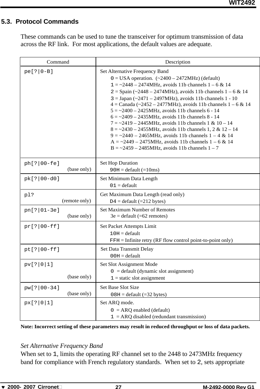 WIT2492 2000- 2007 Cirronet 27 M-2492-0000 Rev G1 5.3. Protocol Commands These commands can be used to tune the transceiver for optimum transmission of data across the RF link.  For most applications, the default values are adequate. Command Description pe[?|0-B] Set Alternative Frequency Band 0 = USA operation.  (~2400 – 2472MHz) (default) 1 = ~2448 – 2474MHz, avoids 11b channels 1 – 6 &amp; 14 2 = Spain (~2448 – 2474MHz), avoids 11b channels 1 – 6 &amp; 14 3 = Japan (~2471 – 2497MHz), avoids 11b channels 1 - 10 4 = Canada (~2452 – 2477MHz), avoids 11b channels 1 – 6 &amp; 14 5 = ~2400 – 2425MHz, avoids 11b channels 6 - 14 6 = ~2409 – 2435MHz, avoids 11b channels 8 - 14 7 = ~2419 – 2445MHz, avoids 11b channels 1 &amp; 10 – 14 8 = ~2430 – 2455MHz, avoids 11b channels 1, 2 &amp; 12 – 14 9 = ~2440 – 2465MHz, avoids 11b channels 1 – 4 &amp; 14 A = ~2449 – 2475MHz, avoids 11b channels 1 – 6 &amp; 14 B = ~2459 – 2485MHz, avoids 11b channels 1 – 7 ph[?|00-fe] (base only) Set Hop Duration 90H = default (=10ms) pk[?|00-d0] Set Minimum Data Length 01 = default pl? (remote only) Get Maximum Data Length (read only) D4 = default (=212 bytes) pn[?|01-3e] (base only) Set Maximum Number of Remotes 3e = default (=62 remotes) pr[?|00-ff] Set Packet Attempts Limit 10H = default FFH = Infinite retry (RF flow control point-to-point only) pt[?|00-ff] Set Data Transmit Delay 00H = default pv[?|0|1] (base only) Set Slot Assignment Mode 0 = default (dynamic slot assignment) 1 = static slot assignment pw[?|00-34] (base only) Set Base Slot Size 08H = default (=32 bytes) px[?|0|1] Set ARQ mode. 0 = ARQ enabled (default) 1 = ARQ disabled (redundant transmission) Note: Incorrect setting of these parameters may result in reduced throughput or loss of data packets. Set Alternative Frequency Band When set to 1, limits the operating RF channel set to the 2448 to 2473MHz frequency band for compliance with French regulatory standards.  When set to 2, sets appropriate 