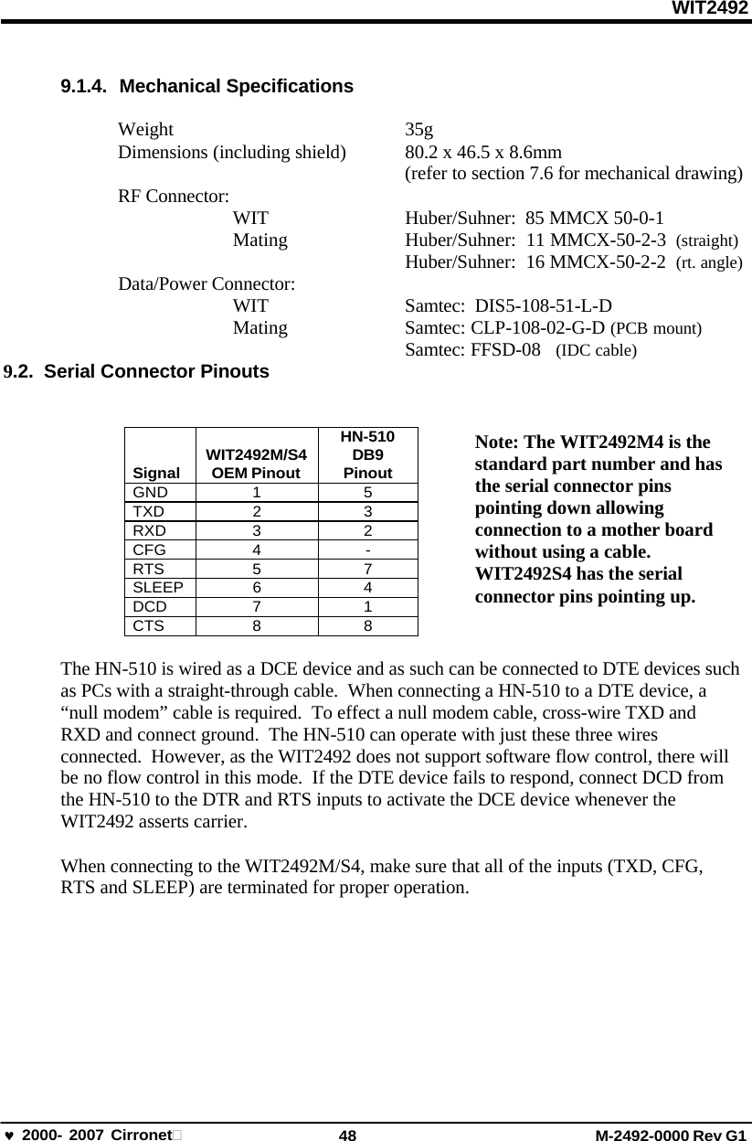 WIT2492 2000- 2007 Cirronet 48 M-2492-0000 Rev G1 Signal WIT2492M/S4 OEM Pinout HN-510 DB9 Pinout GND 1 5 TXD 2 3 RXD 3 2 CFG 4 - RTS 5 7 SLEEP 6 4 DCD 7 1 CTS 8 8 9.1.4. Mechanical Specifications Weight 35g Dimensions (including shield)  80.2 x 46.5 x 8.6mm (refer to section 7.6 for mechanical drawing) RF Connector: WIT  Huber/Suhner:  85 MMCX 50-0-1 Mating Huber/Suhner:  11 MMCX-50-2-3  (straight) Huber/Suhner:  16 MMCX-50-2-2  (rt. angle) Data/Power Connector: WIT Samtec: DIS5-108-51-L-D Mating Samtec: CLP-108-02-G-D (PCB mount) Samtec: FFSD-08   (IDC cable) 9.2.  Serial Connector Pinouts Note: The WIT2492M4 is the standard part number and has the serial connector pins pointing down allowing connection to a mother board without using a cable. WIT2492S4 has the serial connector pins pointing up. The HN-510 is wired as a DCE device and as such can be connected to DTE devices such as PCs with a straight-through cable.  When connecting a HN-510 to a DTE device, a “null modem” cable is required.  To effect a null modem cable, cross-wire TXD and  RXD and connect ground.  The HN-510 can operate with just these three wires  connected.  However, as the WIT2492 does not support software flow control, there will be no flow control in this mode.  If the DTE device fails to respond, connect DCD from the HN-510 to the DTR and RTS inputs to activate the DCE device whenever the WIT2492 asserts carrier. When connecting to the WIT2492M/S4, make sure that all of the inputs (TXD, CFG, RTS and SLEEP) are terminated for proper operation. 