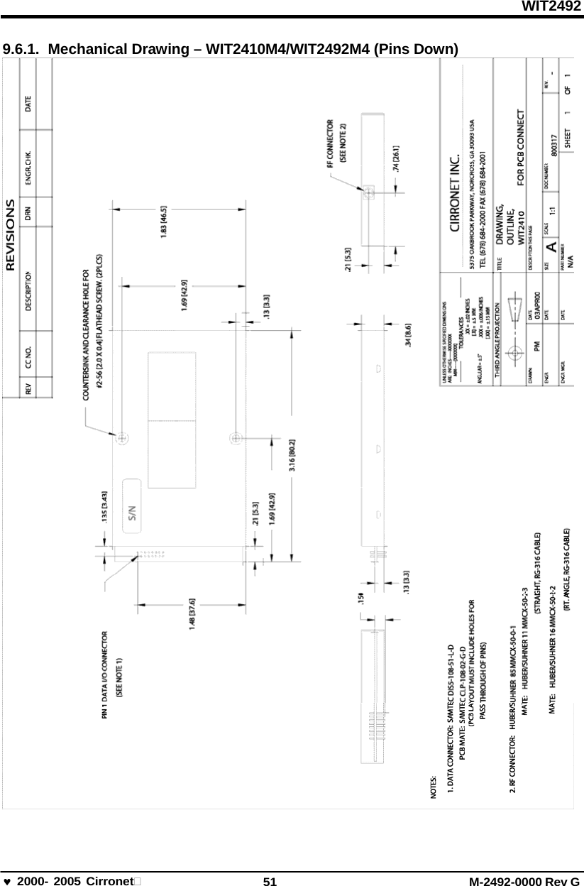WIT2492 2000- 2005 Cirronet 51 M-2492-0000 Rev G 9.6.1.  Mechanical Drawing – WIT2410M4/WIT2492M4 (Pins Down)  