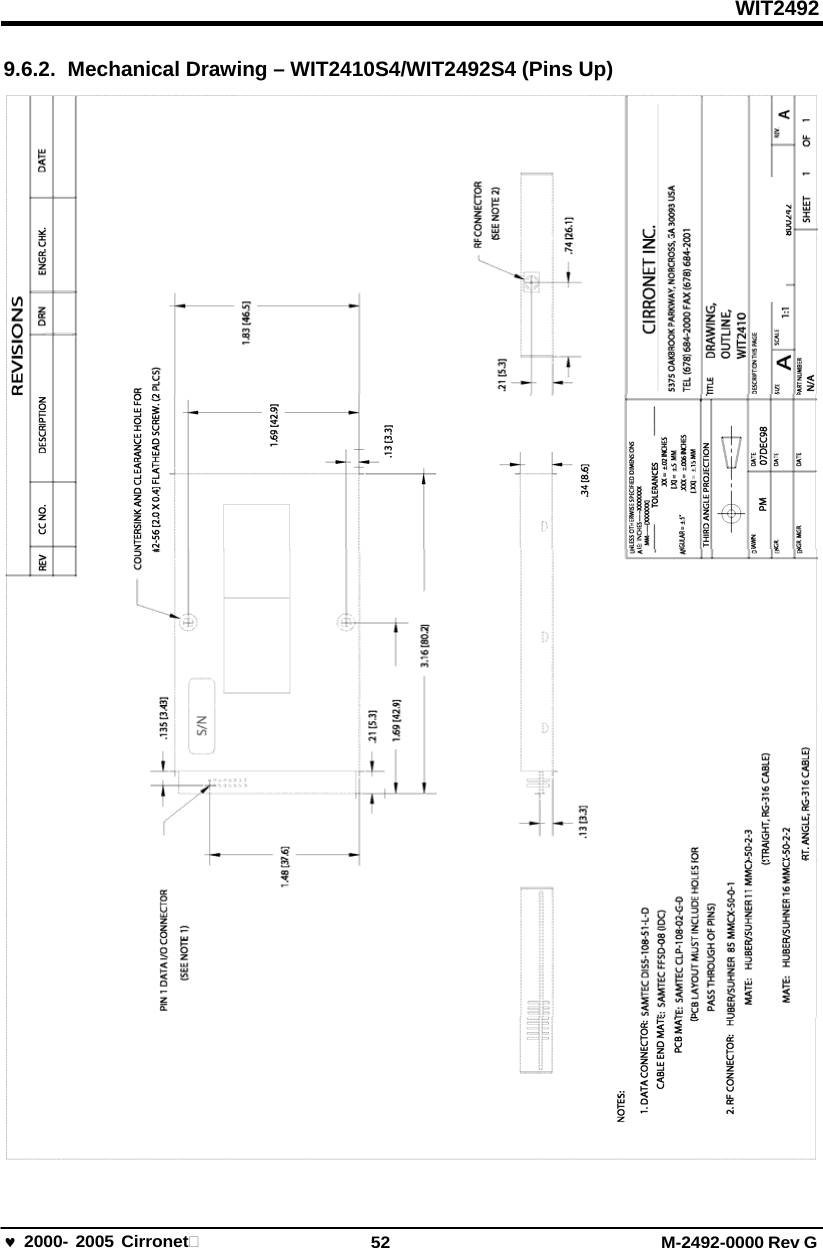 WIT2492 2000- 2005 Cirronet 52 M-2492-0000 Rev G 9.6.2.  Mechanical Drawing – WIT2410S4/WIT2492S4 (Pins Up) 