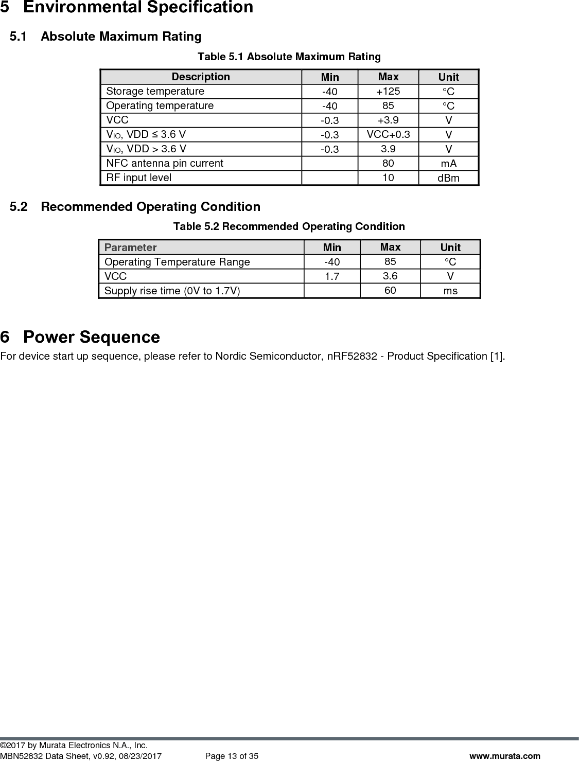  ©2017 by Murata Electronics N.A., Inc. MBN52832 Data Sheet, v0.92, 08/23/2017  Page 13 of 35 www.murata.com 5  Environmental Specification 5.1  Absolute Maximum Rating  Table 5.1 Absolute Maximum Rating Description Min Max Unit Storage temperature  -40 +125 °C Operating temperature -40 85 °C VCC -0.3 +3.9 V VIO, VDD ≤ 3.6 V -0.3 VCC+0.3 V VIO, VDD &gt; 3.6 V -0.3 3.9 V NFC antenna pin current  80 mA RF input level  10 dBm 5.2  Recommended Operating Condition Table 5.2 Recommended Operating Condition Parameter Min Max Unit Operating Temperature Range -40 85 °C VCC 1.7 3.6 V Supply rise time (0V to 1.7V)  60 ms  6  Power Sequence For device start up sequence, please refer to Nordic Semiconductor, nRF52832 - Product Specification [1].    