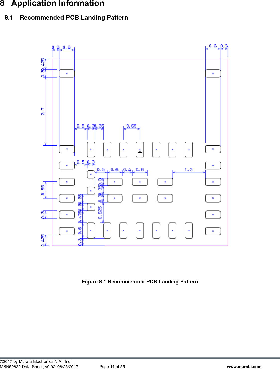  ©2017 by Murata Electronics N.A., Inc. MBN52832 Data Sheet, v0.92, 08/23/2017  Page 14 of 35 www.murata.com 8  Application Information 8.1  Recommended PCB Landing Pattern    Figure 8.1 Recommended PCB Landing Pattern  