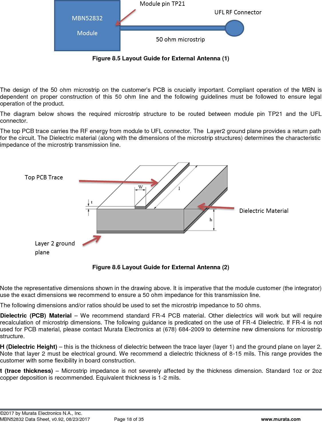  ©2017 by Murata Electronics N.A., Inc. MBN52832 Data Sheet, v0.92, 08/23/2017  Page 18 of 35 www.murata.com  Figure 8.5 Layout Guide for External Antenna (1)   The  design  of  the  50  ohm  microstrip  on  the  customer’s  PCB  is  crucially important. Compliant operation of the MBN is dependent  on  proper  construction  of  this  50  ohm  line  and  the  following  guidelines  must  be  followed  to  ensure  legal operation of the product.  The  diagram  below  shows  the  required  microstrip  structure  to  be  routed  between  module  pin  TP21  and  the  UFL connector.  The top PCB trace carries the RF energy from module to UFL connector. The  Layer2 ground plane provides a return path for the circuit. The Dielectric material (along with the dimensions of the microstrip structures) determines the characteristic impedance of the microstrip transmission line.    Figure 8.6 Layout Guide for External Antenna (2)  Note the representative dimensions shown in the drawing above. It is imperative that the module customer (the integrator) use the exact dimensions we recommend to ensure a 50 ohm impedance for this transmission line.  The following dimensions and/or ratios should be used to set the microstrip impedance to 50 ohms.  Dielectric  (PCB)  Material –  We  recommend  standard  FR-4  PCB  material.  Other  dielectrics  will  work  but  will require recalculation of microstrip dimensions. The following guidance is predicated on the use of FR-4 Dielectric. If FR-4 is not used for PCB material, please contact Murata Electronics at (678) 684-2009 to determine new dimensions for microstrip structure. H (Dielectric Height) – this is the thickness of dielectric between the trace layer (layer 1) and the ground plane on layer 2. Note that layer 2 must be electrical ground. We recommend a dielectric thickness of 8-15 mils. This range provides the customer with some flexibility in board construction.  t  (trace  thickness) – Microstrip impedance is  not  severely affected  by the thickness  dimension. Standard  1oz or 2oz copper deposition is recommended. Equivalent thickness is 1-2 mils. 
